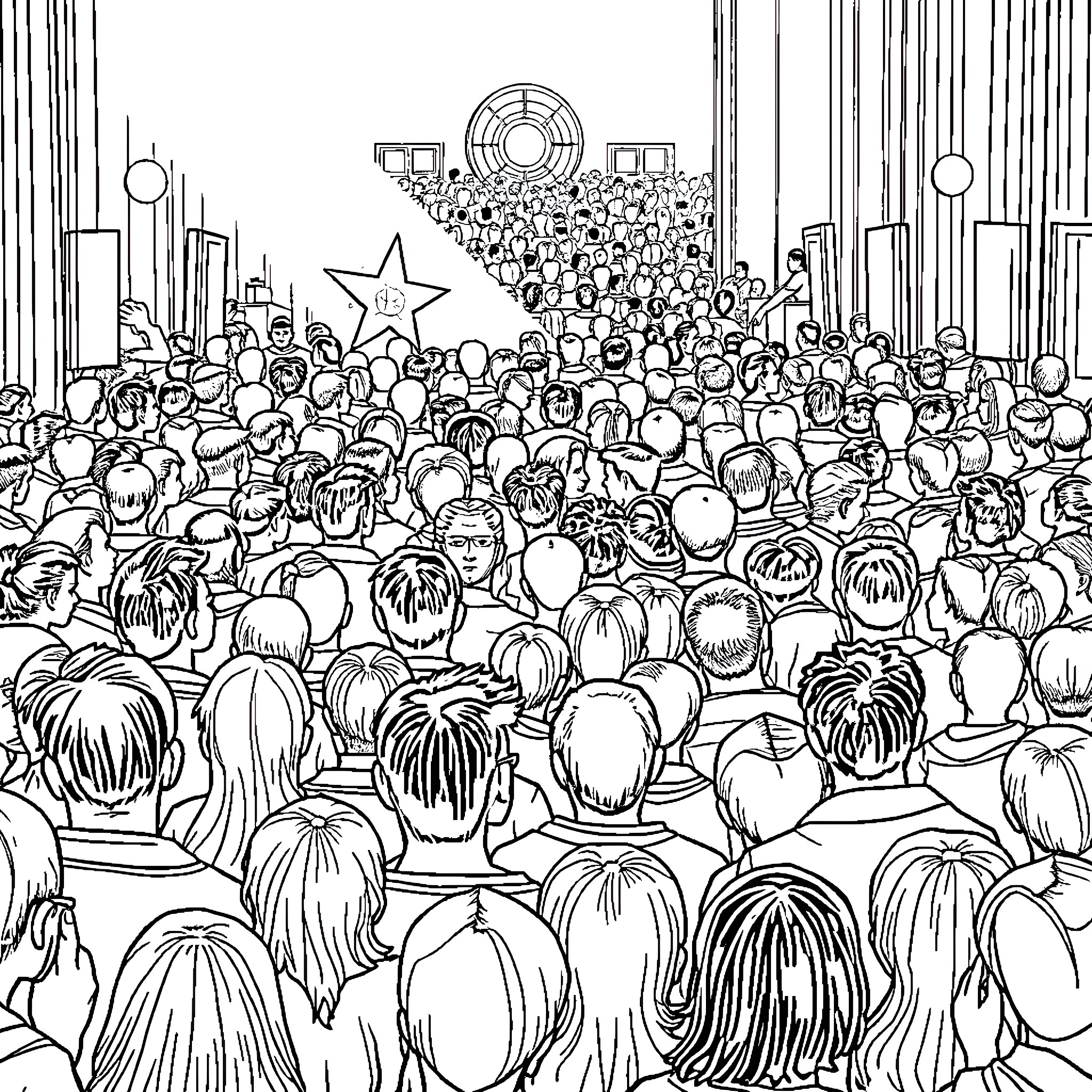 Crow Cheering at a Bustling Celebration Coloring Page (free black-and-white line drawing printable PDF for all, from beginners to advanced learners, including children, teens, adults, and seniors)