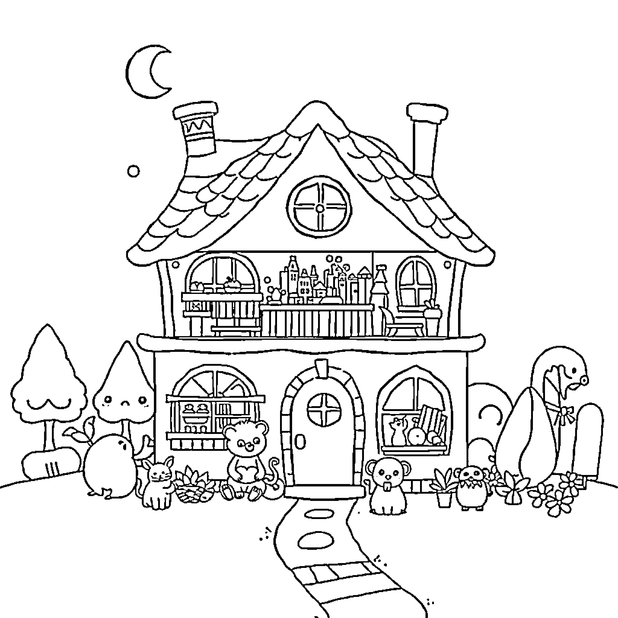 Dollhouse with Adorable Animal Inhabitants Coloring Page (free black-and-white line drawing printable PDF for all, from beginners to advanced learners, including children, teens, adults, and seniors)