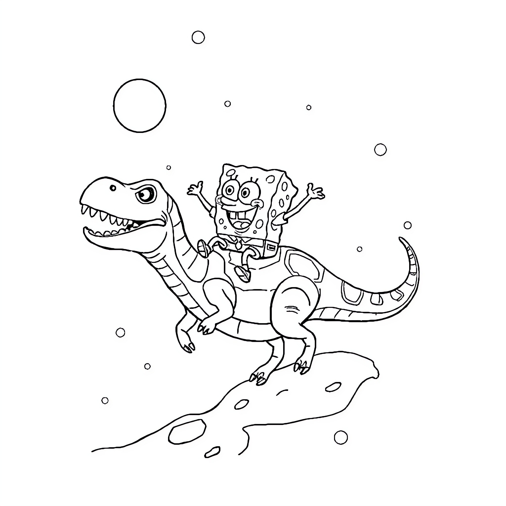 Spongebob riding a dinosaur in an adventure Coloring Page (free black-and-white line drawing printable PDF for all, from beginners to advanced learners, including children, teens, adults, and seniors)