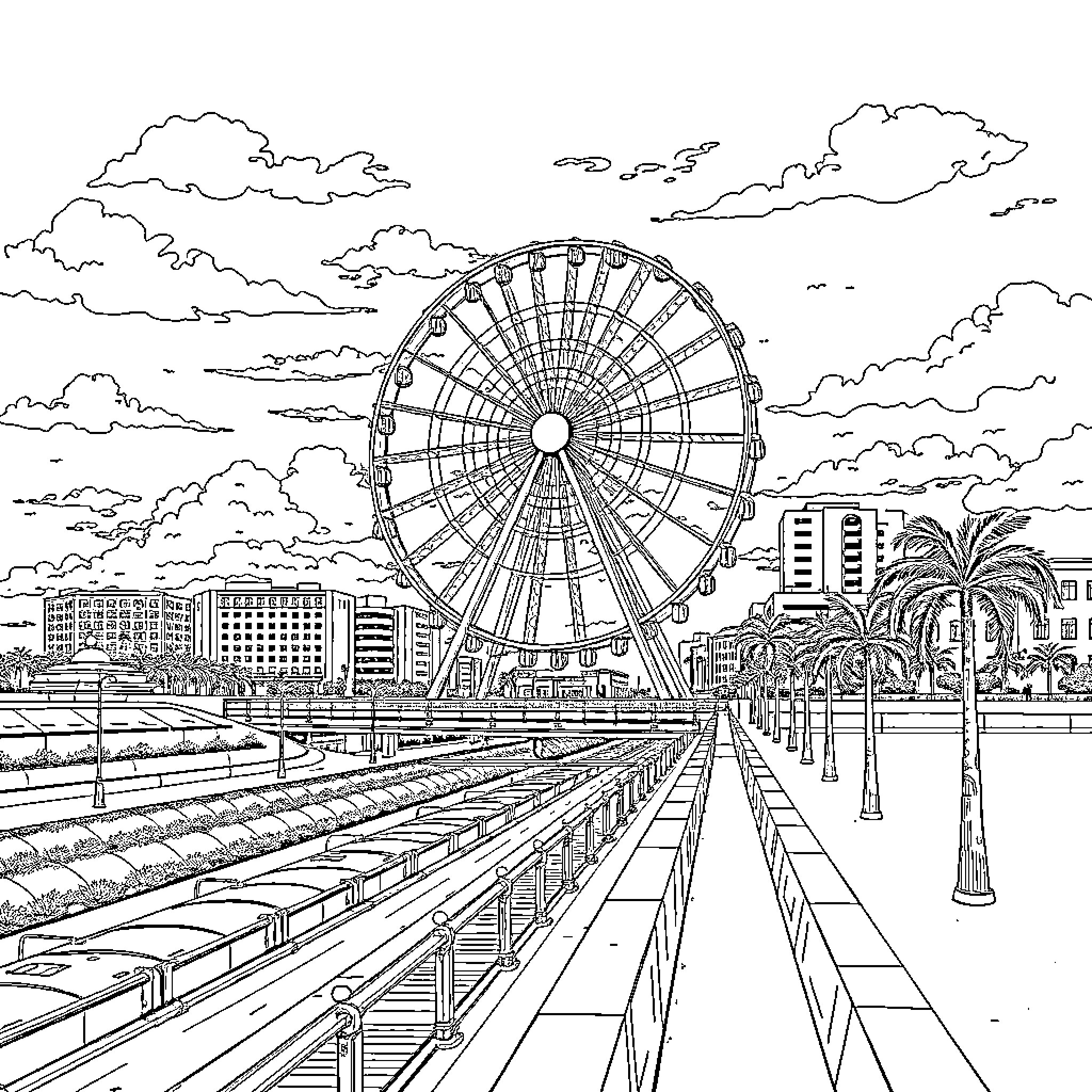 Malecón 2000: Cityscape with Ferris Wheel and Palm Trees Coloring Page (free black-and-white line drawing printable PDF for all, from beginners to advanced learners, including children, teens, adults, and seniors)