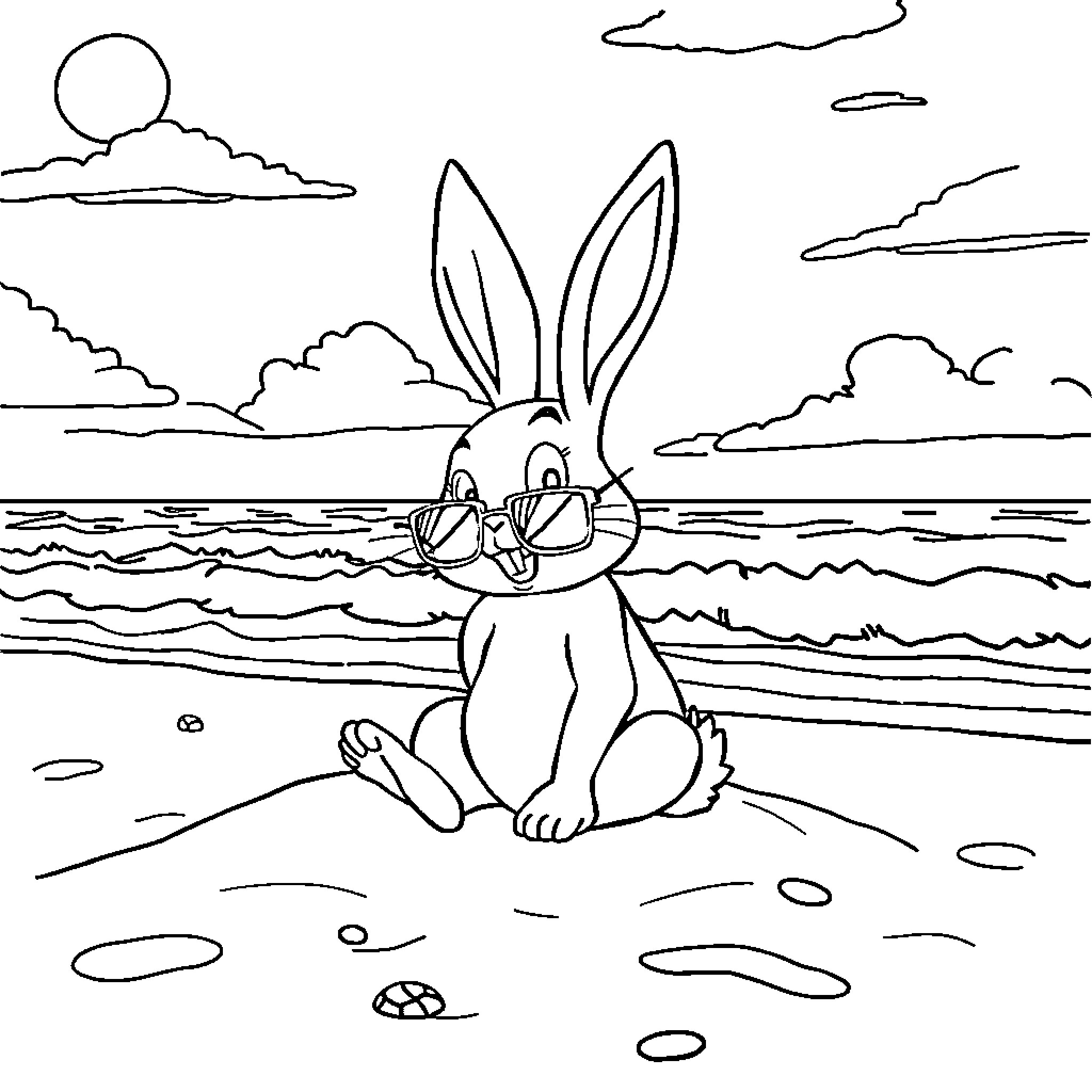 Bad Bunny relaxing on the beach Coloring Page (free black-and-white line drawing printable PDF for all, from beginners to advanced learners, including children, teens, adults, and seniors)