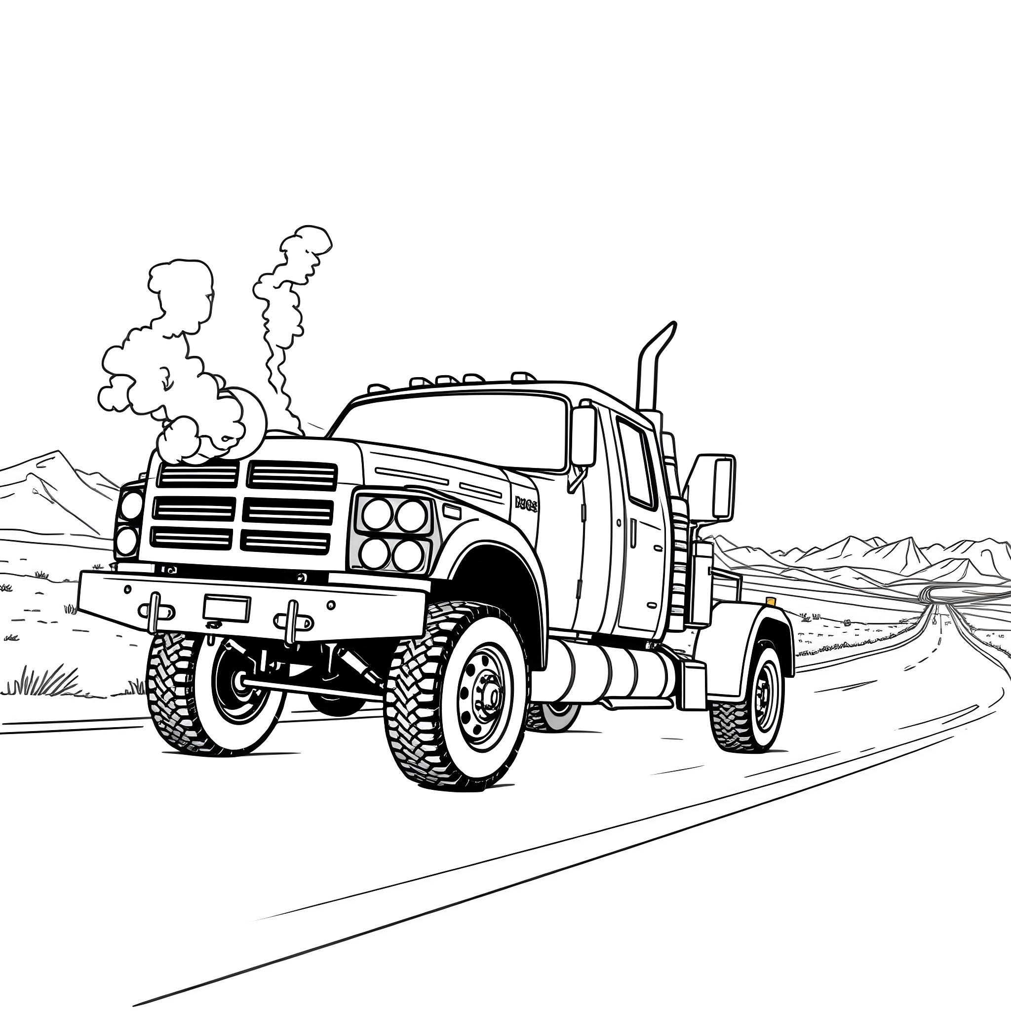 Dodge Truck Driving Through Rugged Terrain Coloring Page (free black-and-white line drawing printable PDF for all, from beginners to advanced learners, including children, teens, adults, and seniors)
