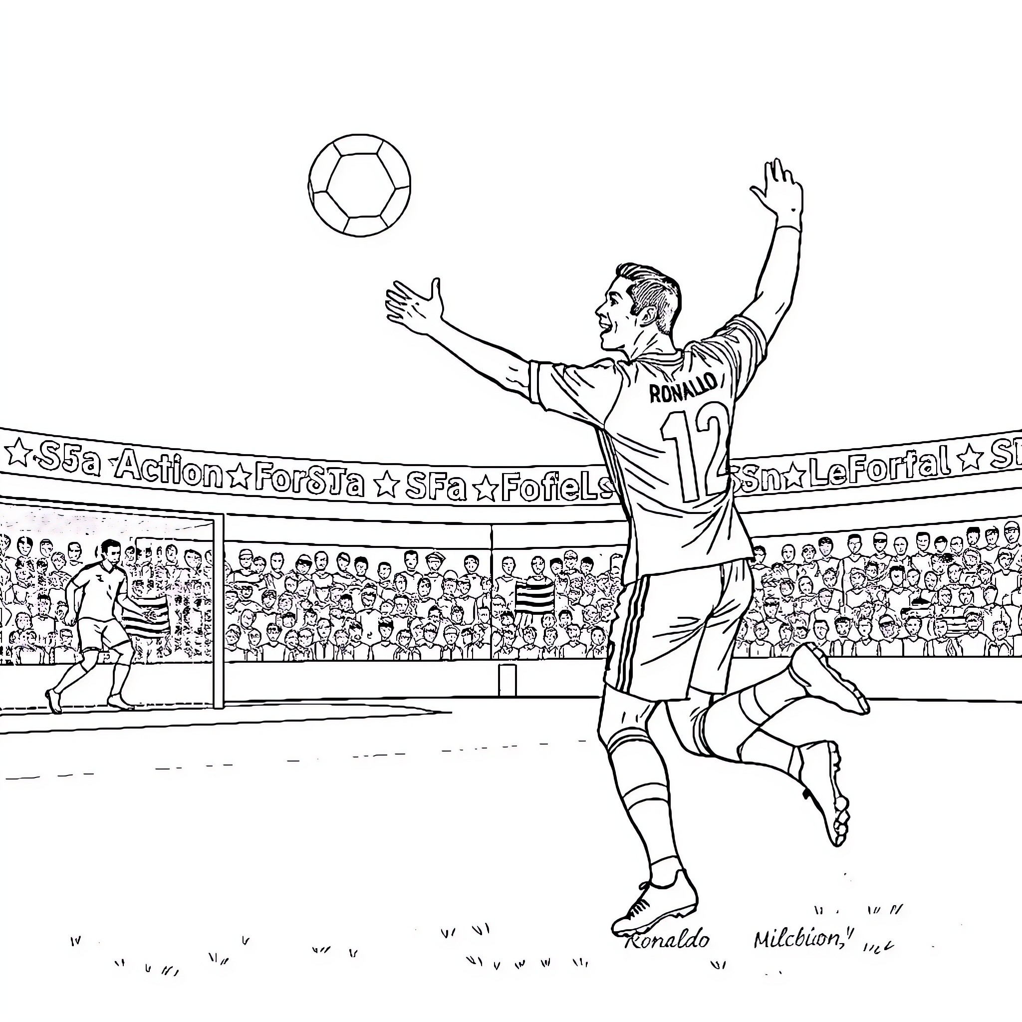 Cristiano Ronaldo scoring a goal in a soccer match Coloring Page (free black-and-white line drawing printable PDF for all, from beginners to advanced learners, including children, teens, adults, and seniors)