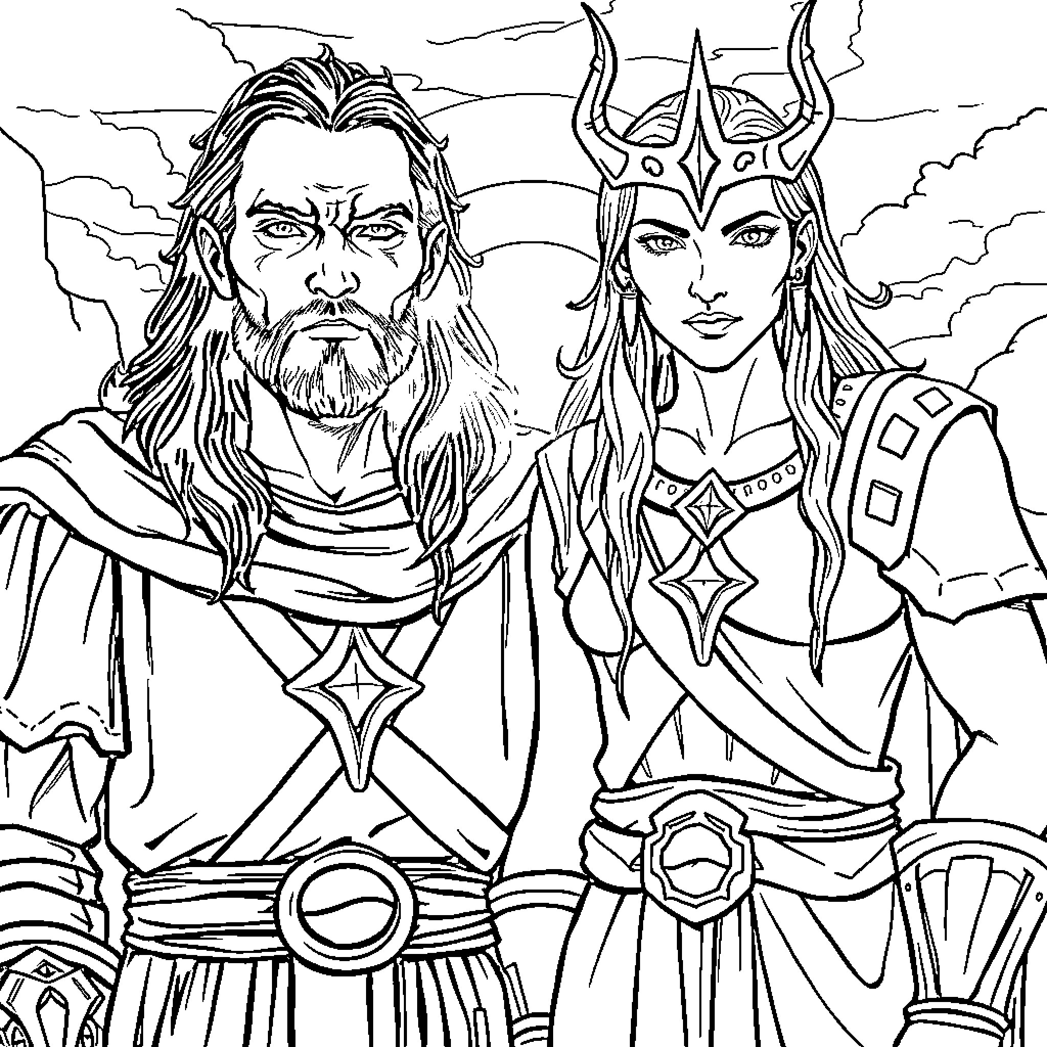 Karlach - Heroic Warriors in Fantasy Attire Coloring Page (free black-and-white line drawing printable PDF for all, from beginners to advanced learners, including children, teens, adults, and seniors)