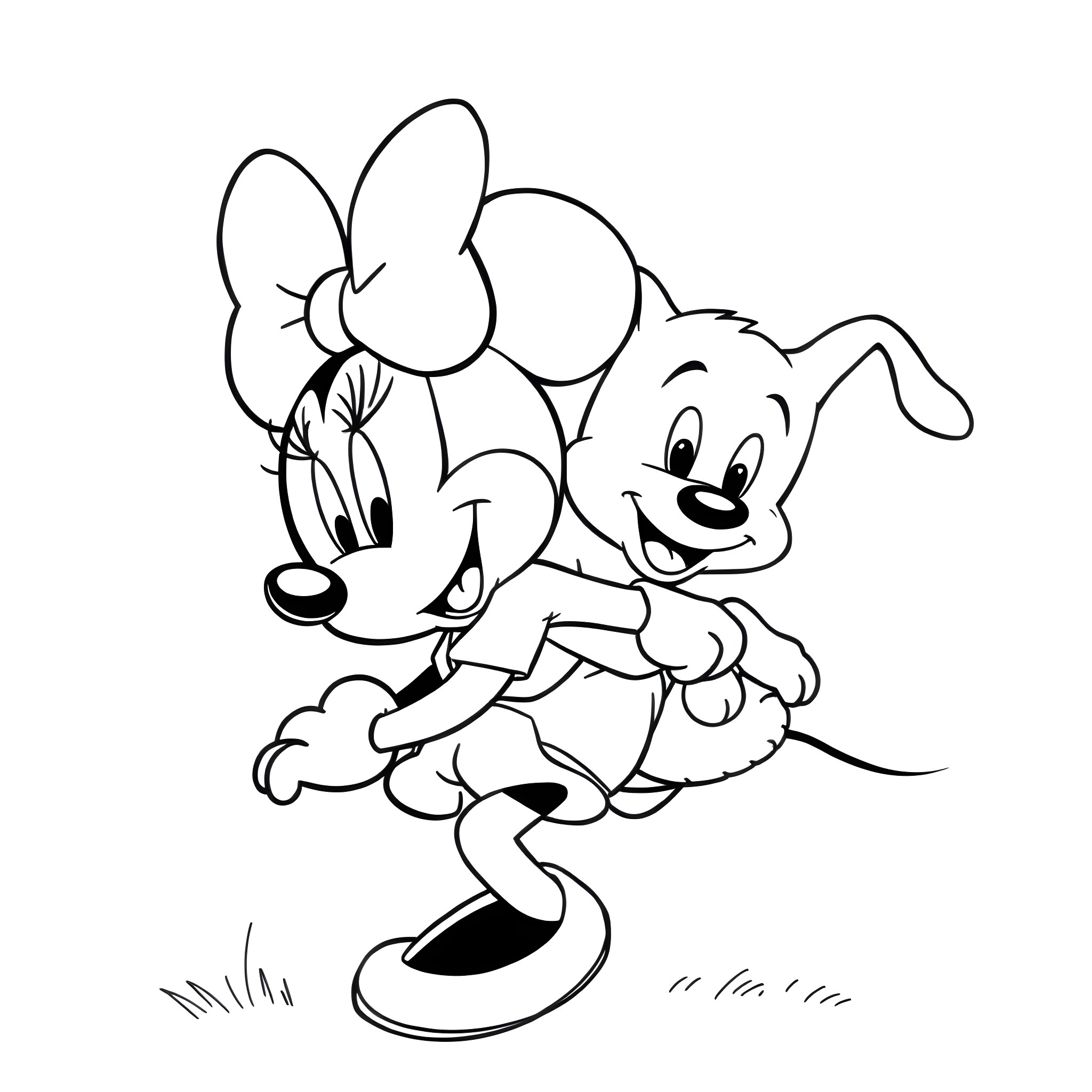 Minnie Mouse and Puppy Playing Together Coloring Page (free black-and-white line drawing printable PDF for all, from beginners to advanced learners, including children, teens, adults, and seniors)