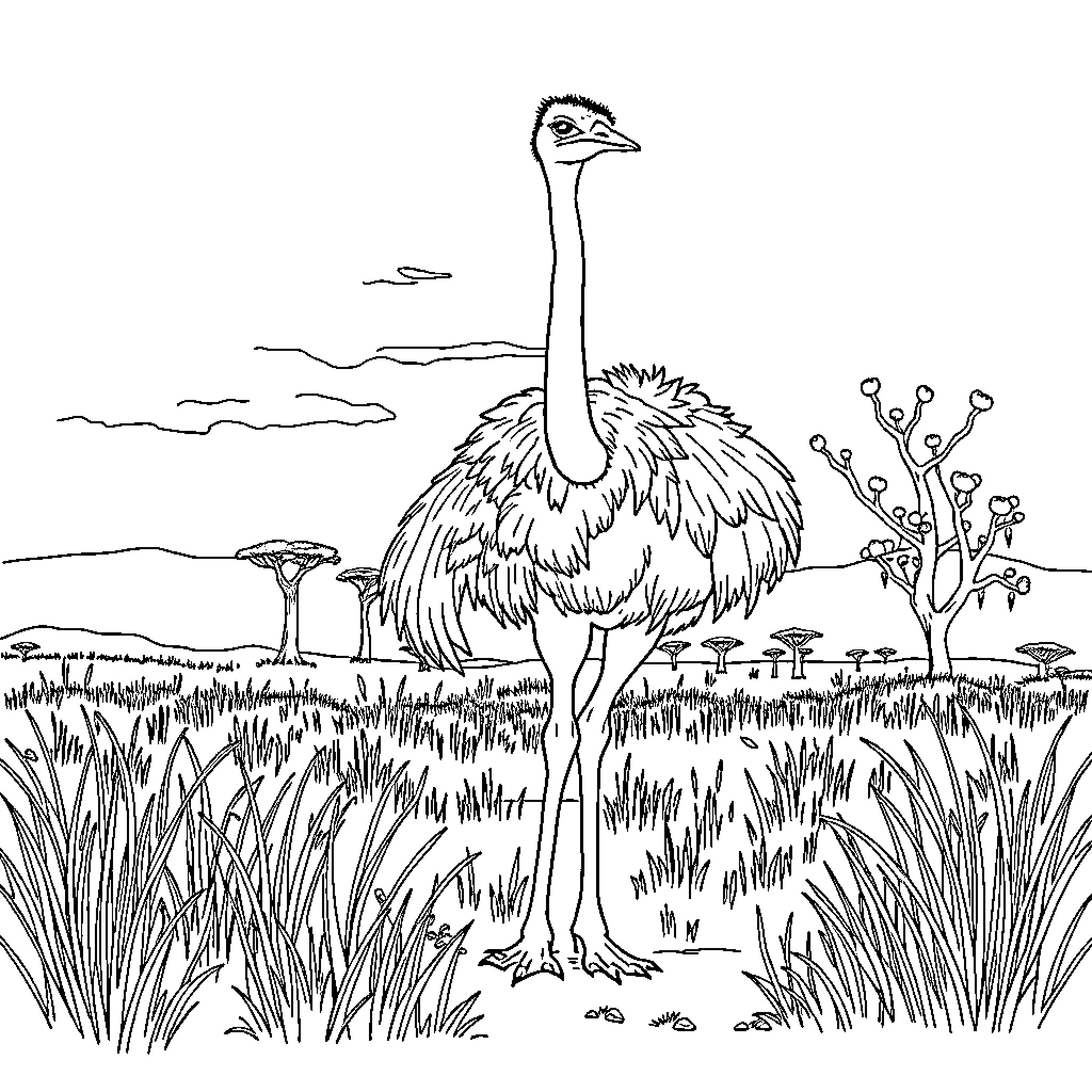 Ostrich standing in a grassy field Coloring Page (free black-and-white line drawing printable PDF for all, from beginners to advanced learners, including children, teens, adults, and seniors)