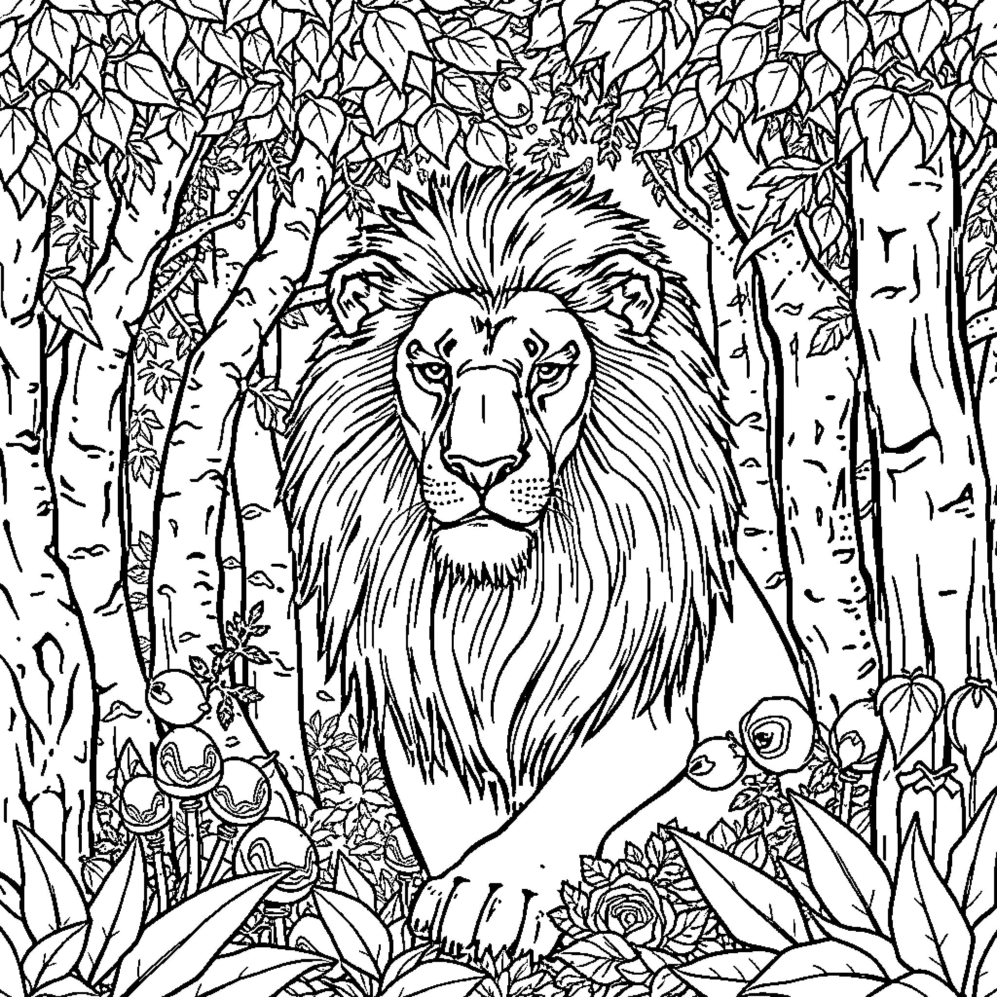 Lion in Lush Jungle Landscape Coloring Page (free black-and-white line drawing printable PDF for all, from beginners to advanced learners, including children, teens, adults, and seniors)