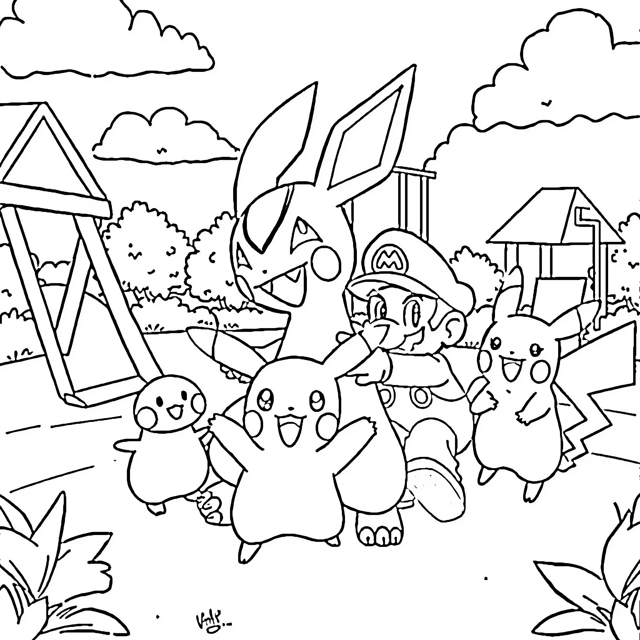 Lucario and Pokemon Friends in Outdoor Scene Coloring Page (free black-and-white line drawing printable PDF for all, from beginners to advanced learners, including children, teens, adults, and seniors)