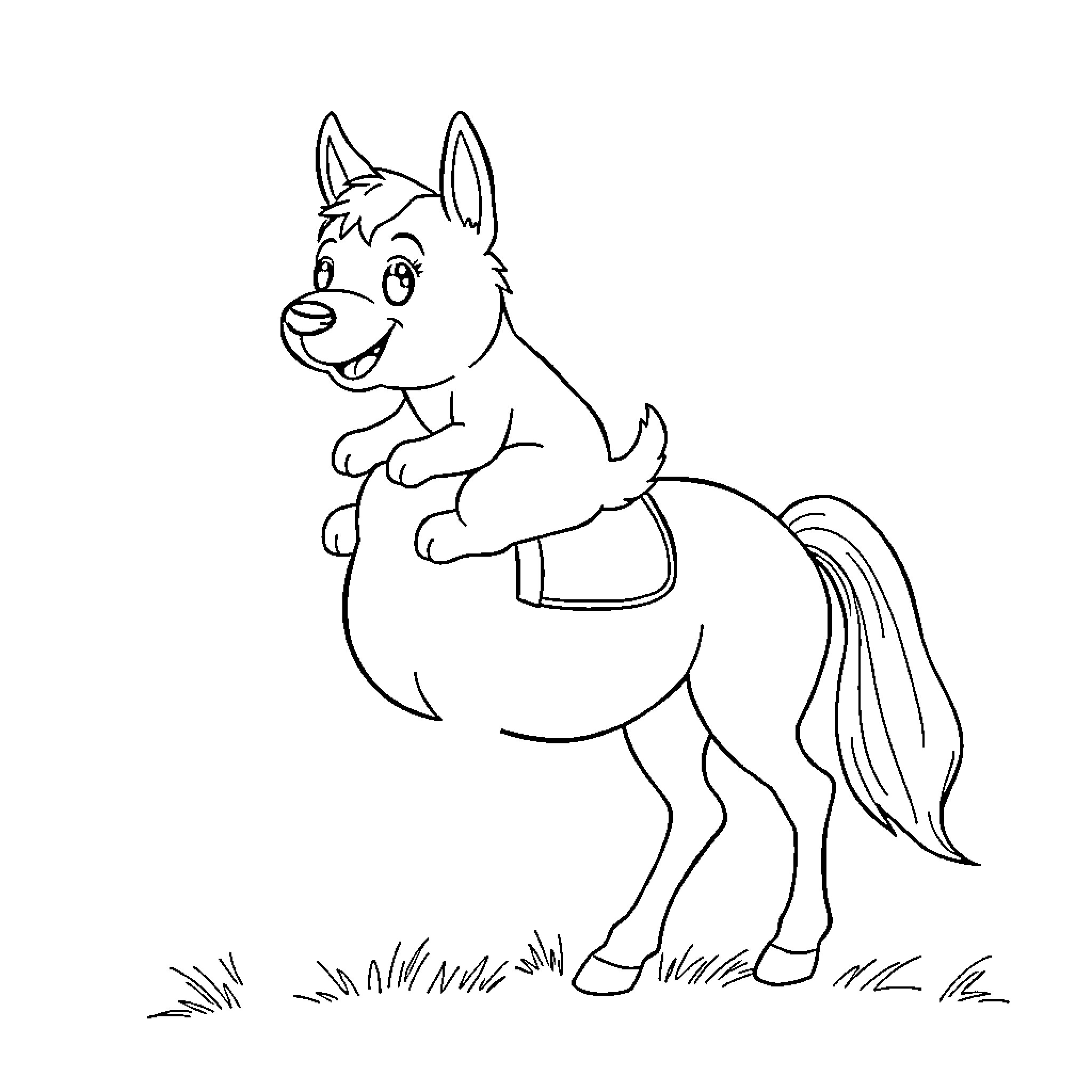 Dog jumping happily on grassland Coloring Page (free black-and-white line drawing printable PDF for all, from beginners to advanced learners, including children, teens, adults, and seniors)