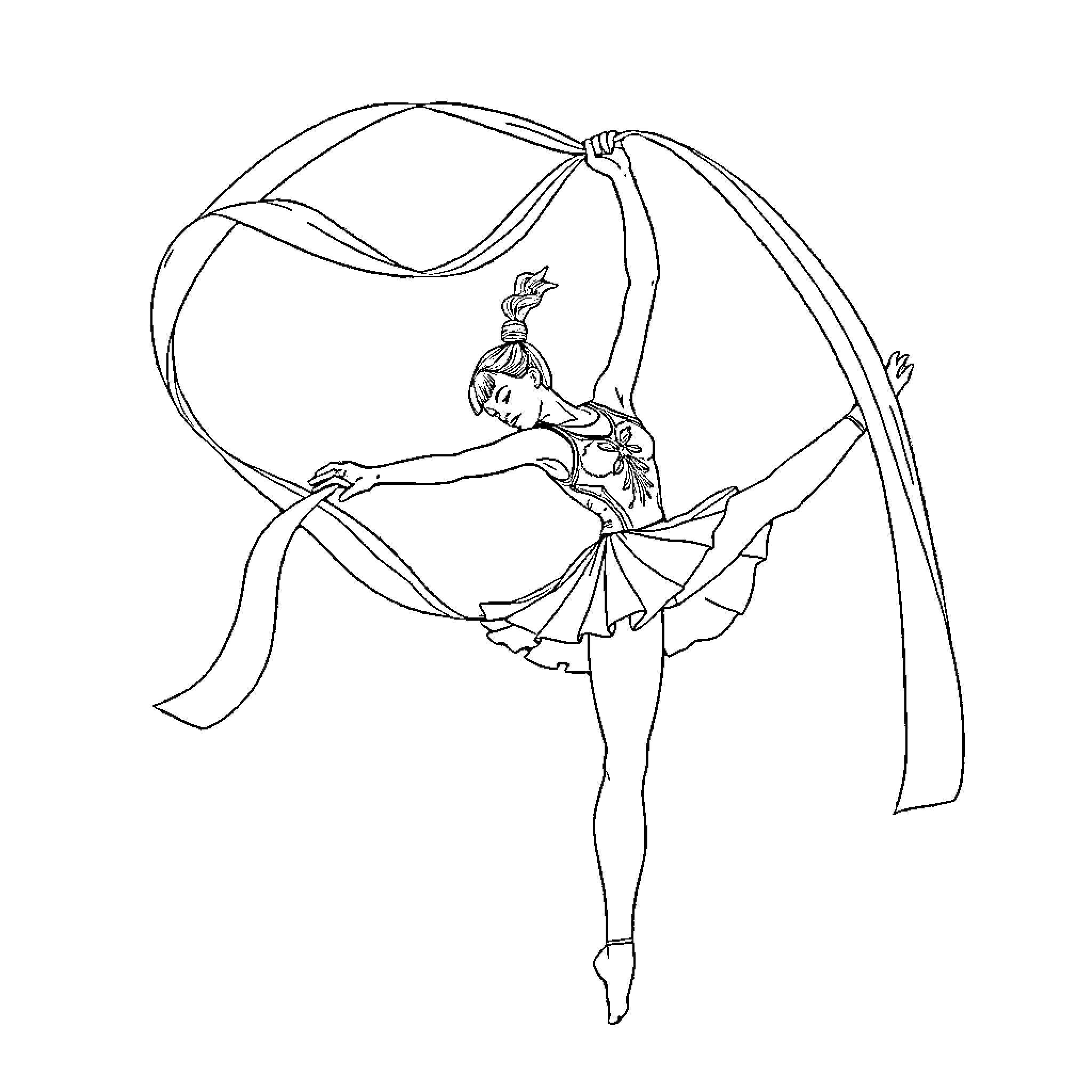 Gymnast performing acrobatic dance with ribbons Coloring Page (free black-and-white line drawing printable PDF for all, from beginners to advanced learners, including children, teens, adults, and seniors)