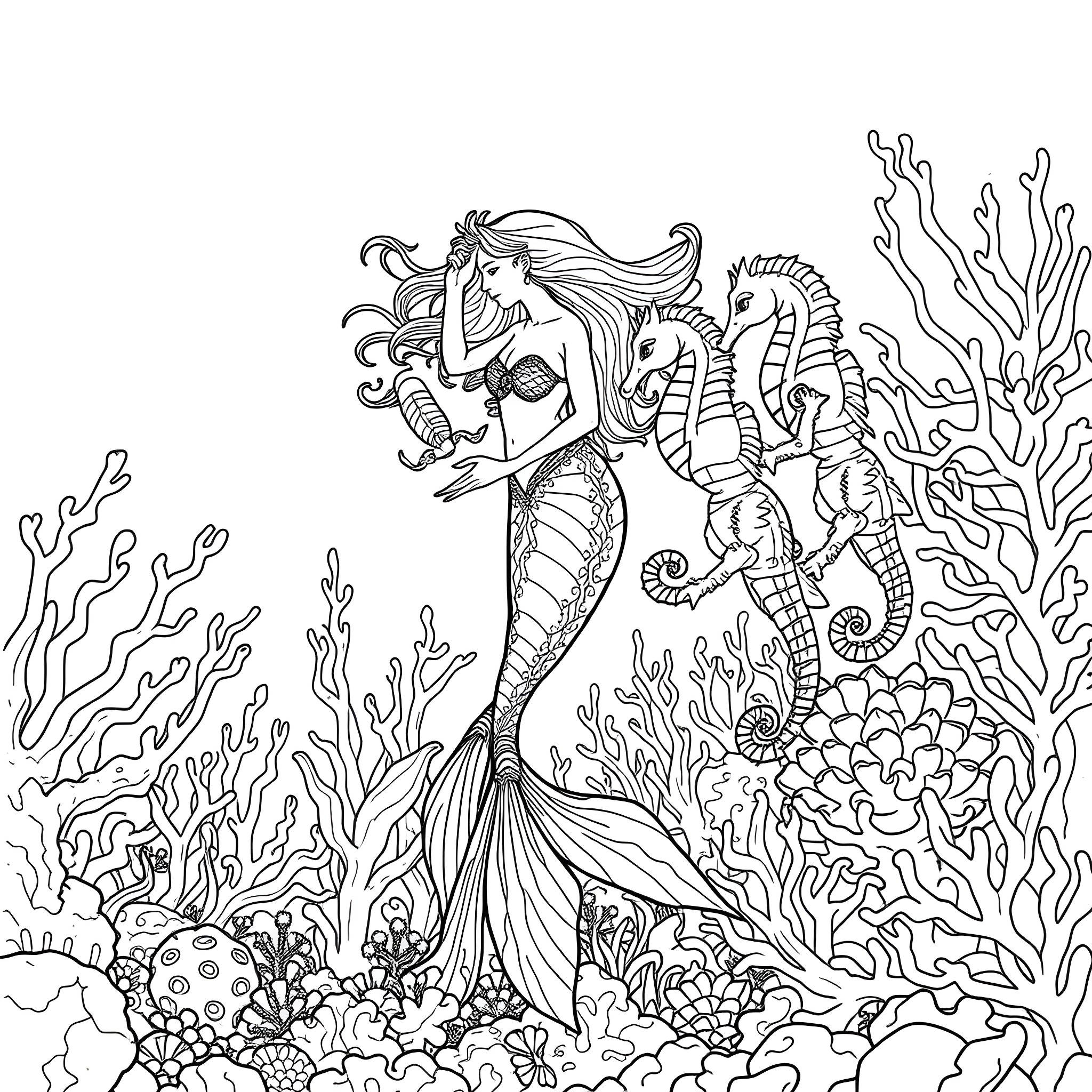 Mermaid exploring the underwater coral reef Coloring Page (free black-and-white line drawing printable PDF for all, from beginners to advanced learners, including children, teens, adults, and seniors)
