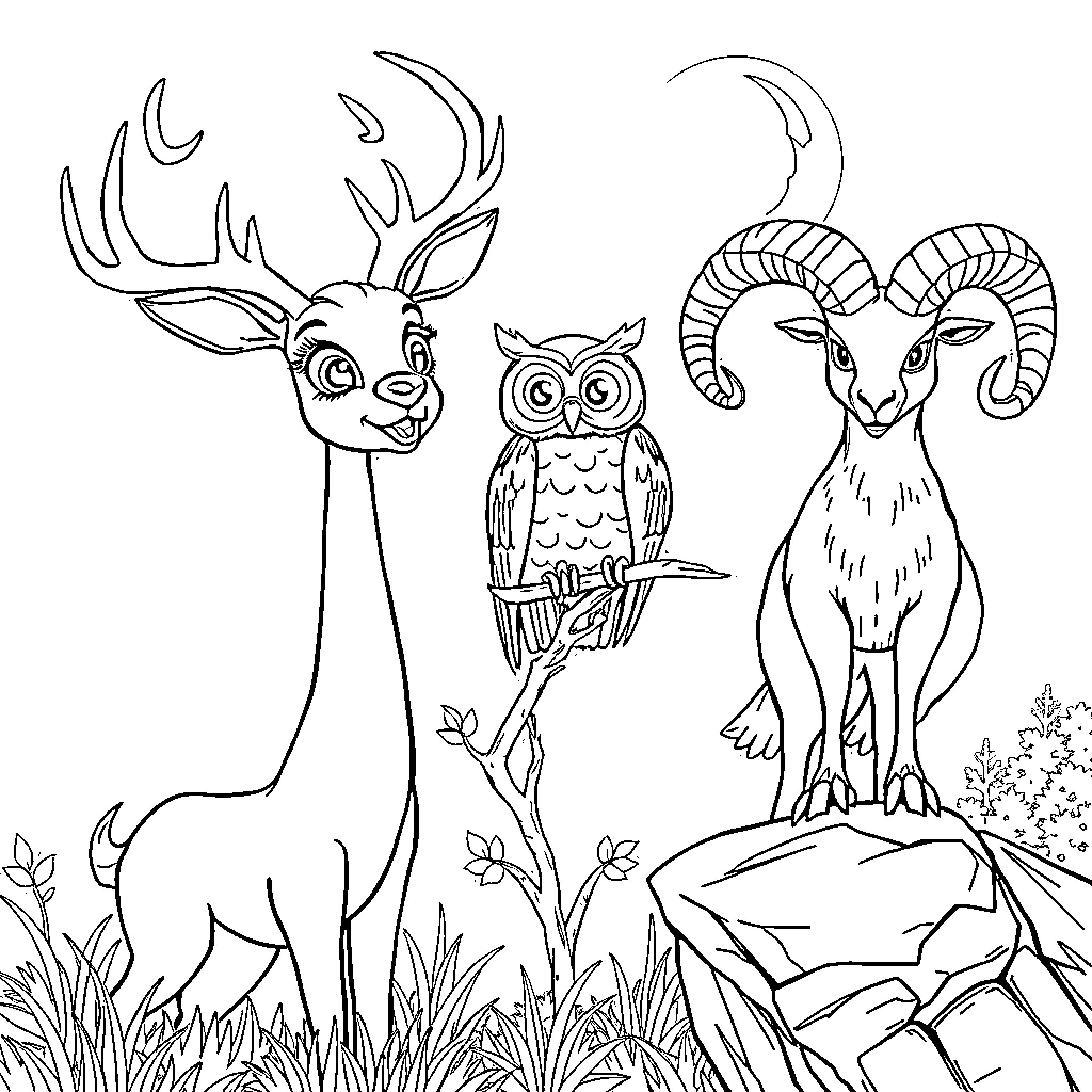 Deer, owl, and ram in natural setting Coloring Page (free black-and-white line drawing printable PDF for all, from beginners to advanced learners, including children, teens, adults, and seniors)