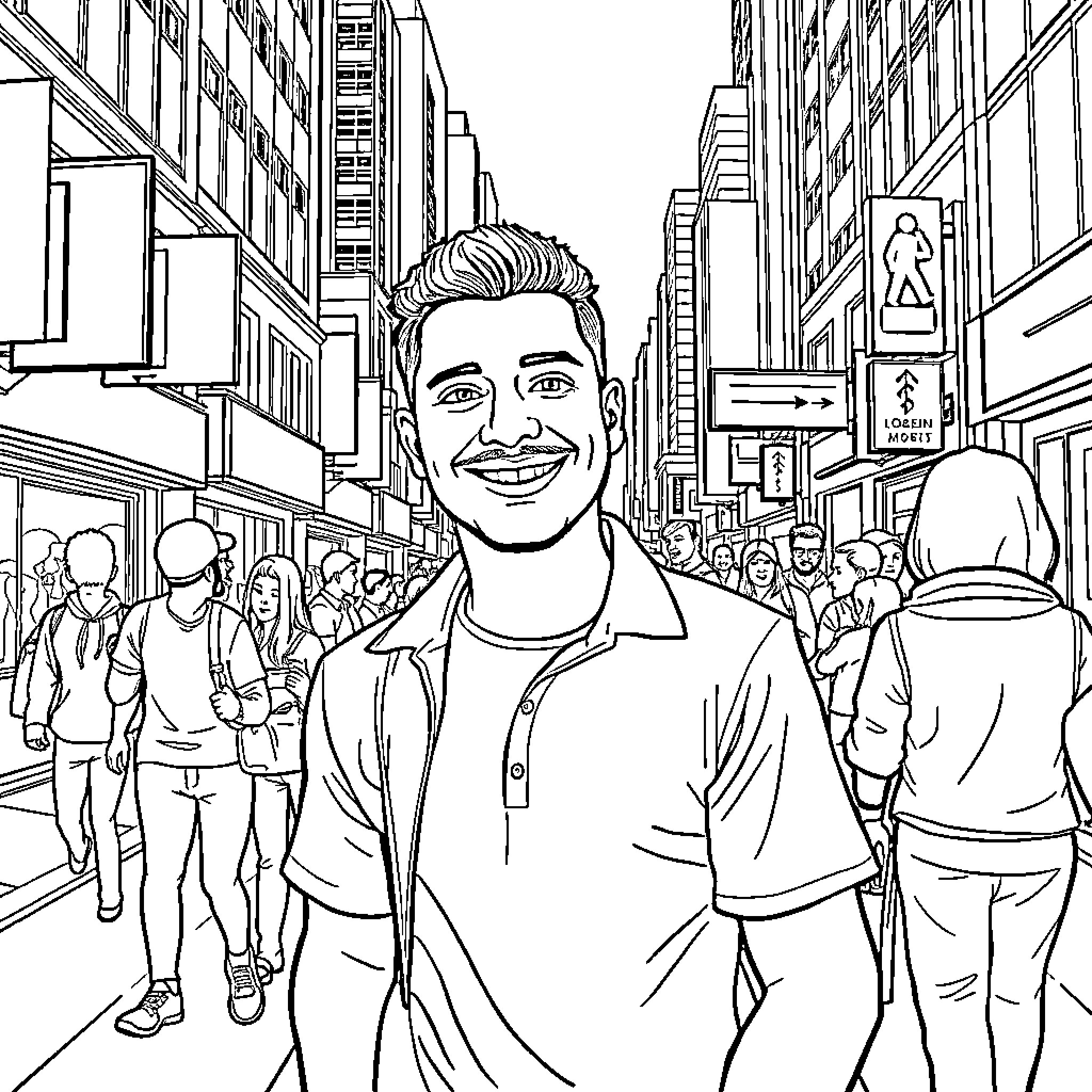 Fermin Lopez explores bustling city streets with a smile Coloring Page (free black-and-white line drawing printable PDF for all, from beginners to advanced learners, including children, teens, adults, and seniors)