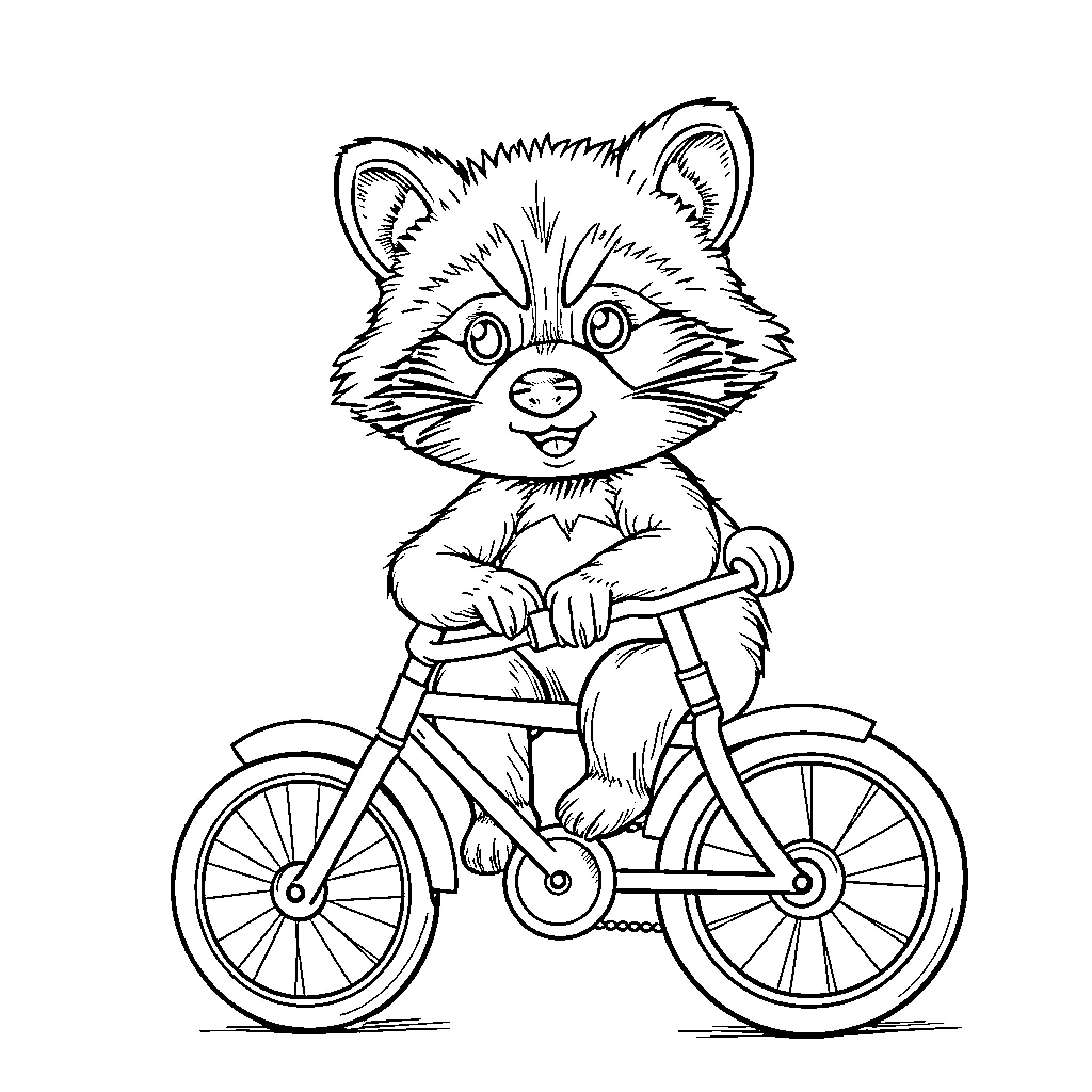 Raccoon riding a bicycle Coloring Page (free black-and-white line drawing printable PDF for all, from beginners to advanced learners, including children, teens, adults, and seniors)