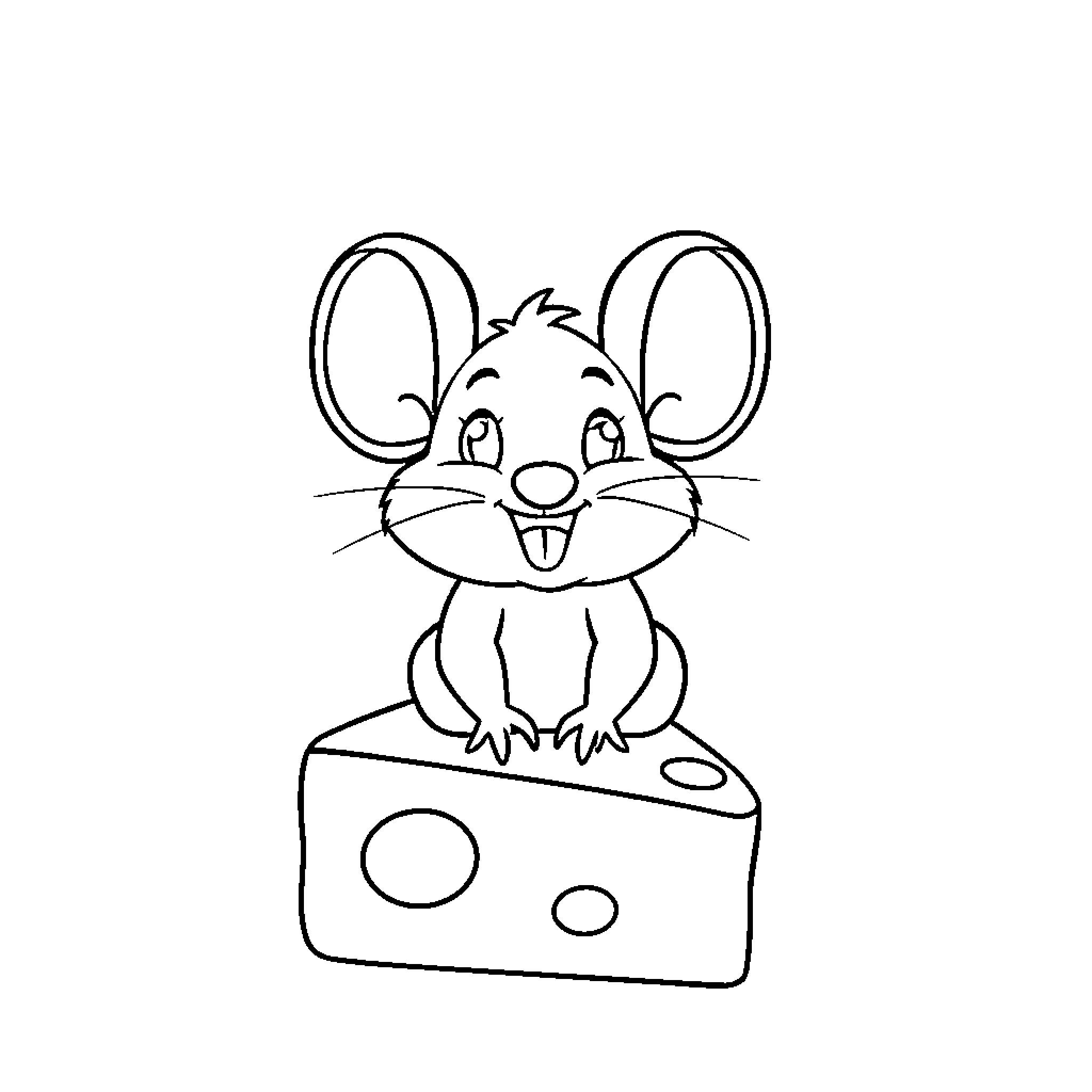 Diddl Mouse Sitting on Cheese Wedge Coloring Page (free black-and-white line drawing printable PDF for all, from beginners to advanced learners, including children, teens, adults, and seniors)