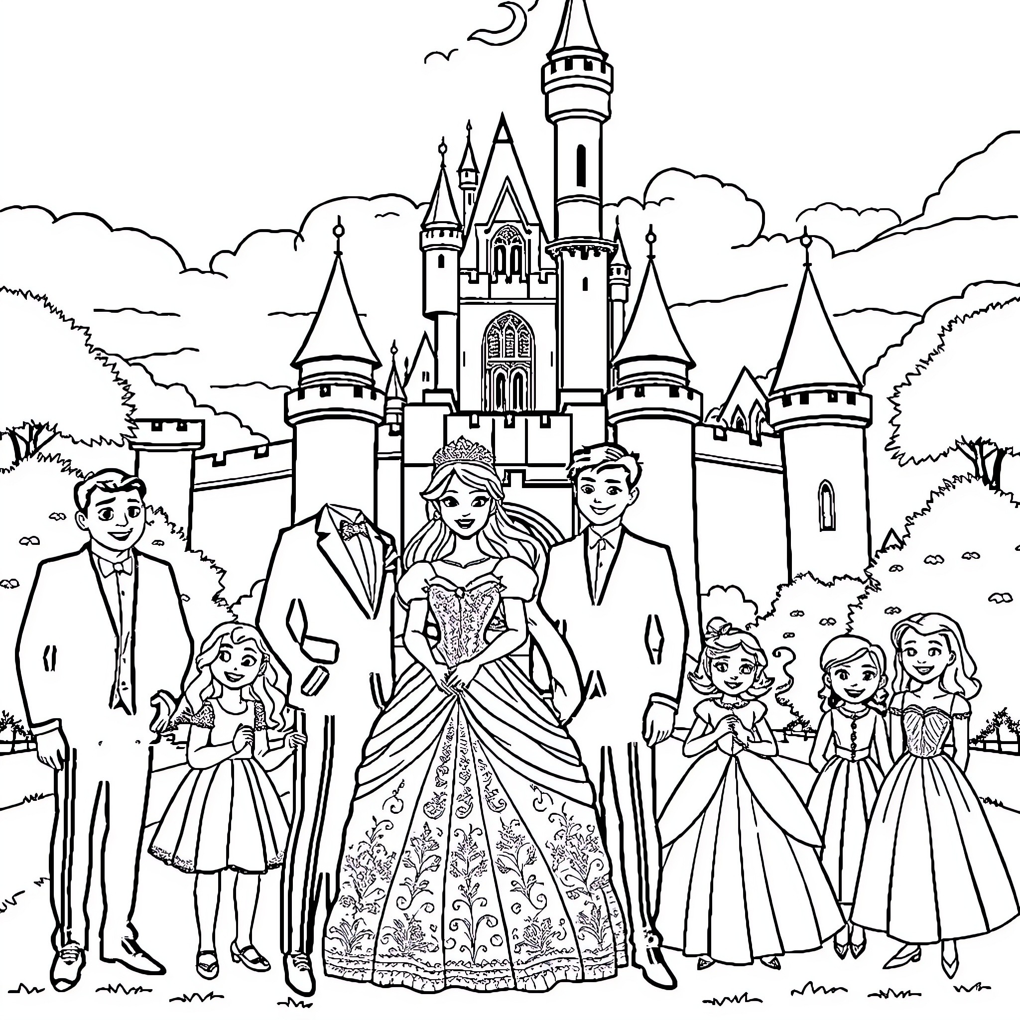 Princess and her Royal Family in the Castle Coloring Page (free black-and-white line drawing printable PDF for all, from beginners to advanced learners, including children, teens, adults, and seniors)