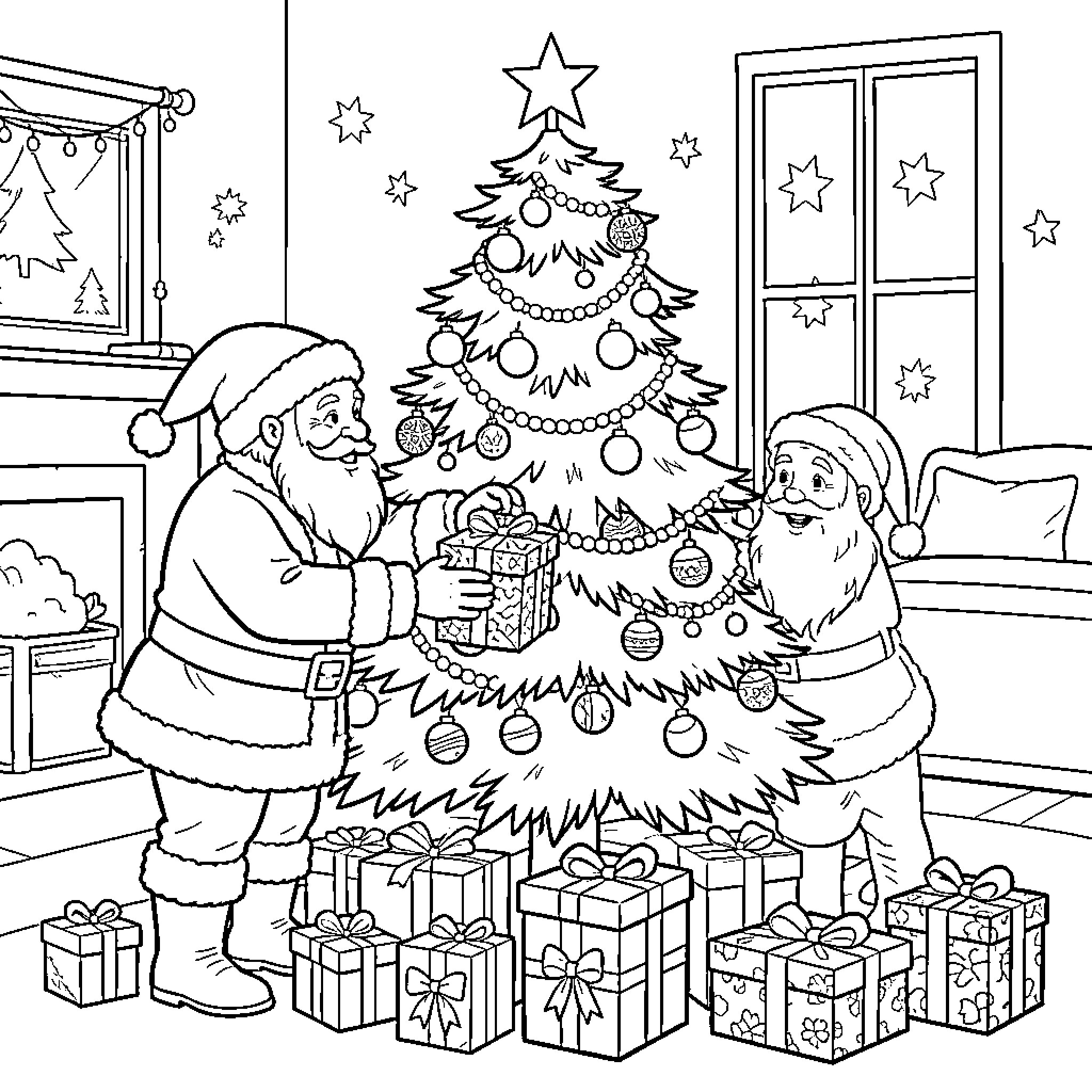 Père Noël decorating a festive Christmas tree Coloring Page (free black-and-white line drawing printable PDF for all, from beginners to advanced learners, including children, teens, adults, and seniors)
