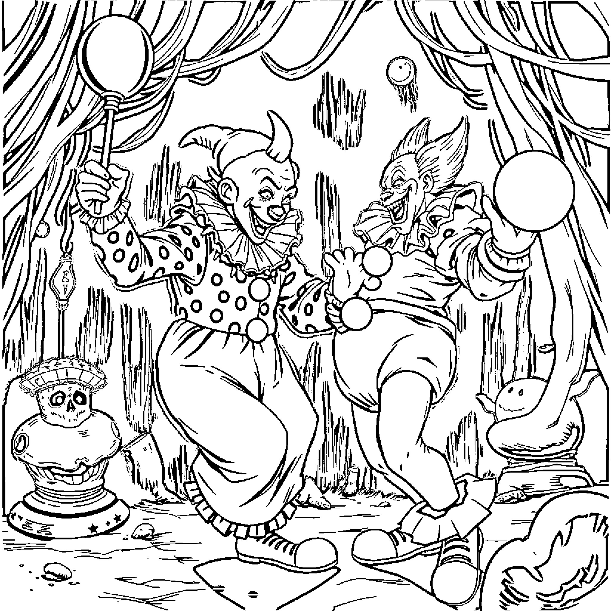 Clown performers entertaining on stage Coloring Page (free black-and-white line drawing printable PDF for all, from beginners to advanced learners, including children, teens, adults, and seniors)