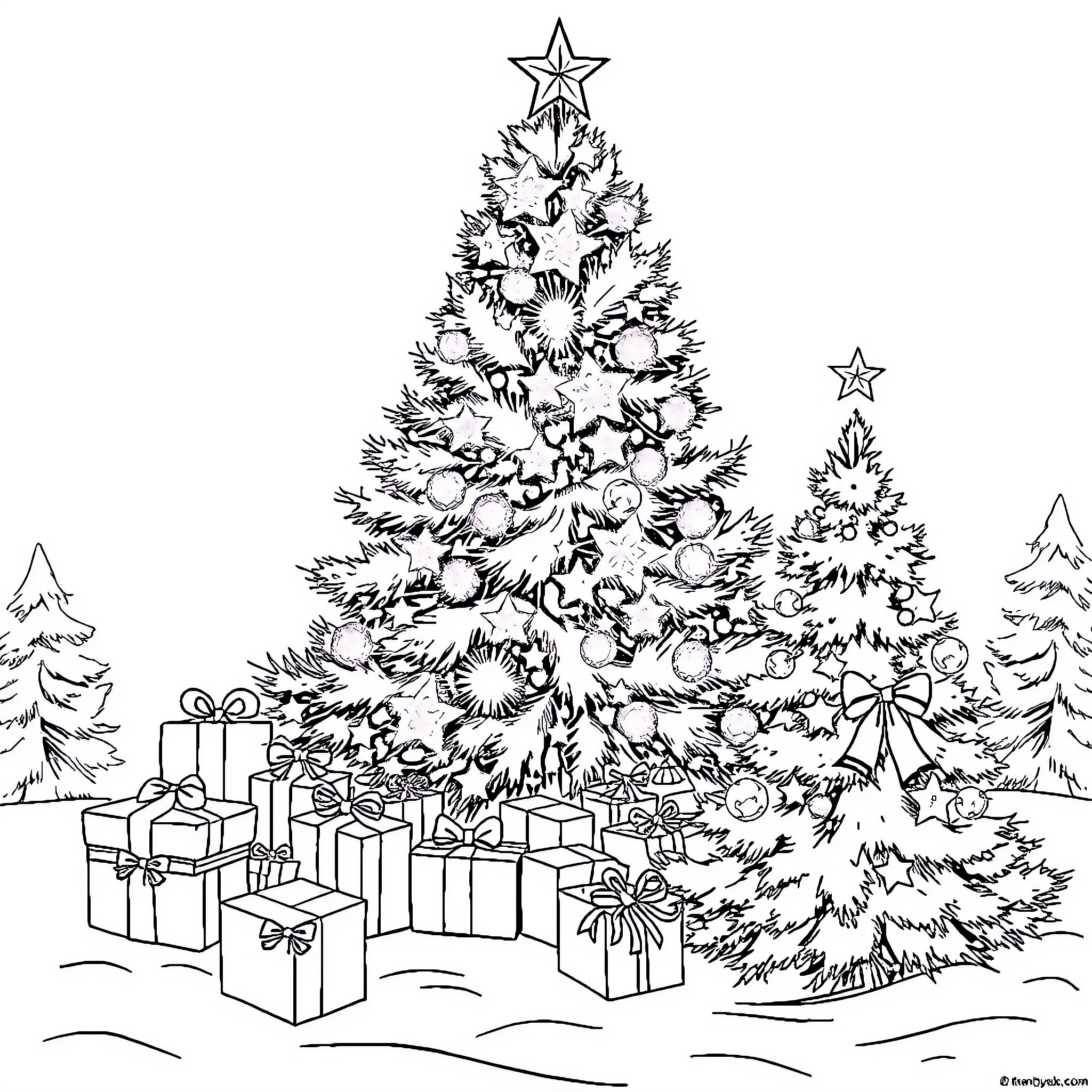 Christmas Tree with Decorated Presents Coloring Page (free black-and-white line drawing printable PDF for all, from beginners to advanced learners, including children, teens, adults, and seniors)