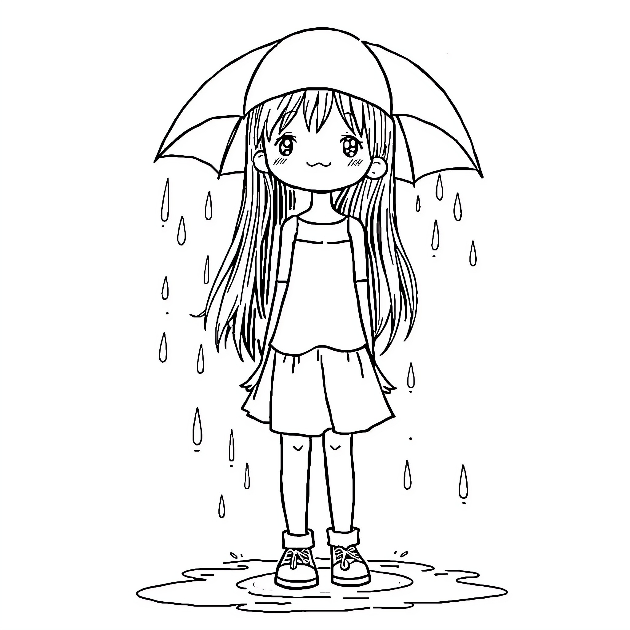 Girl Sheltering from the Rain with Umbrella Coloring Page (free black-and-white line drawing printable PDF for all, from beginners to advanced learners, including children, teens, adults, and seniors)