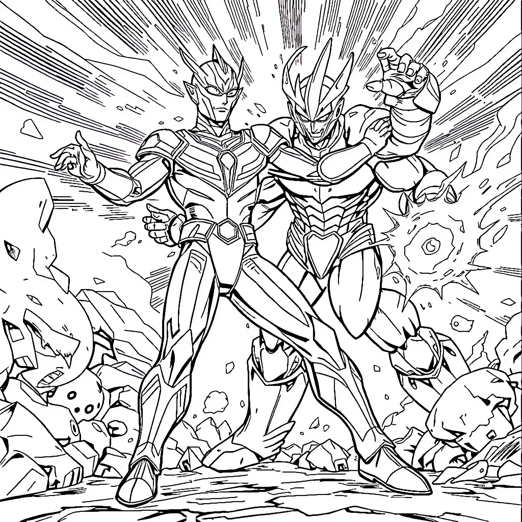 Ultraman duo in epic battle Coloring Page (free black-and-white line drawing printable PDF for all, from beginners to advanced learners, including children, teens, adults, and seniors)