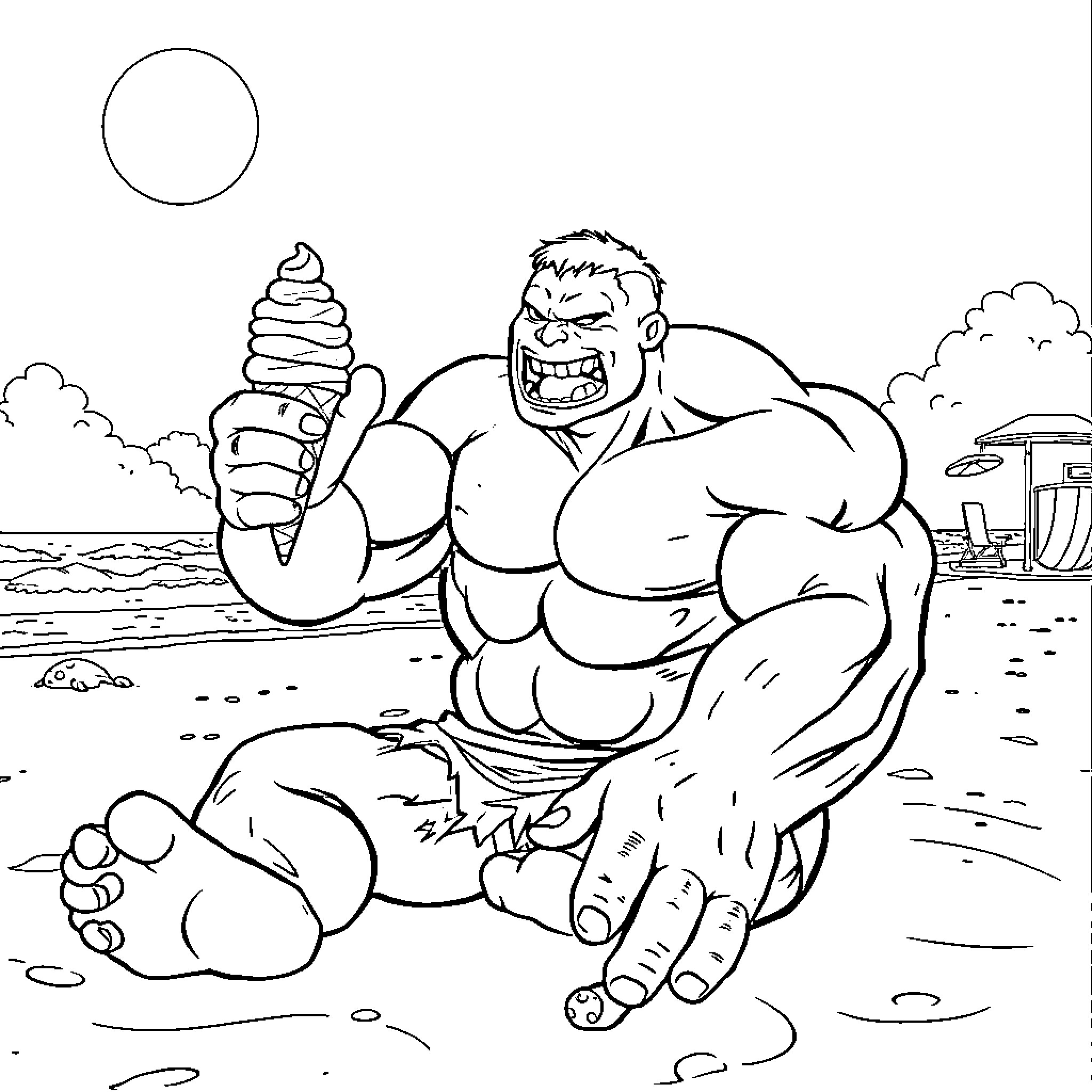 Hulk enjoying a giant ice cream on the beach Coloring Page (free black-and-white line drawing printable PDF for all, from beginners to advanced learners, including children, teens, adults, and seniors)