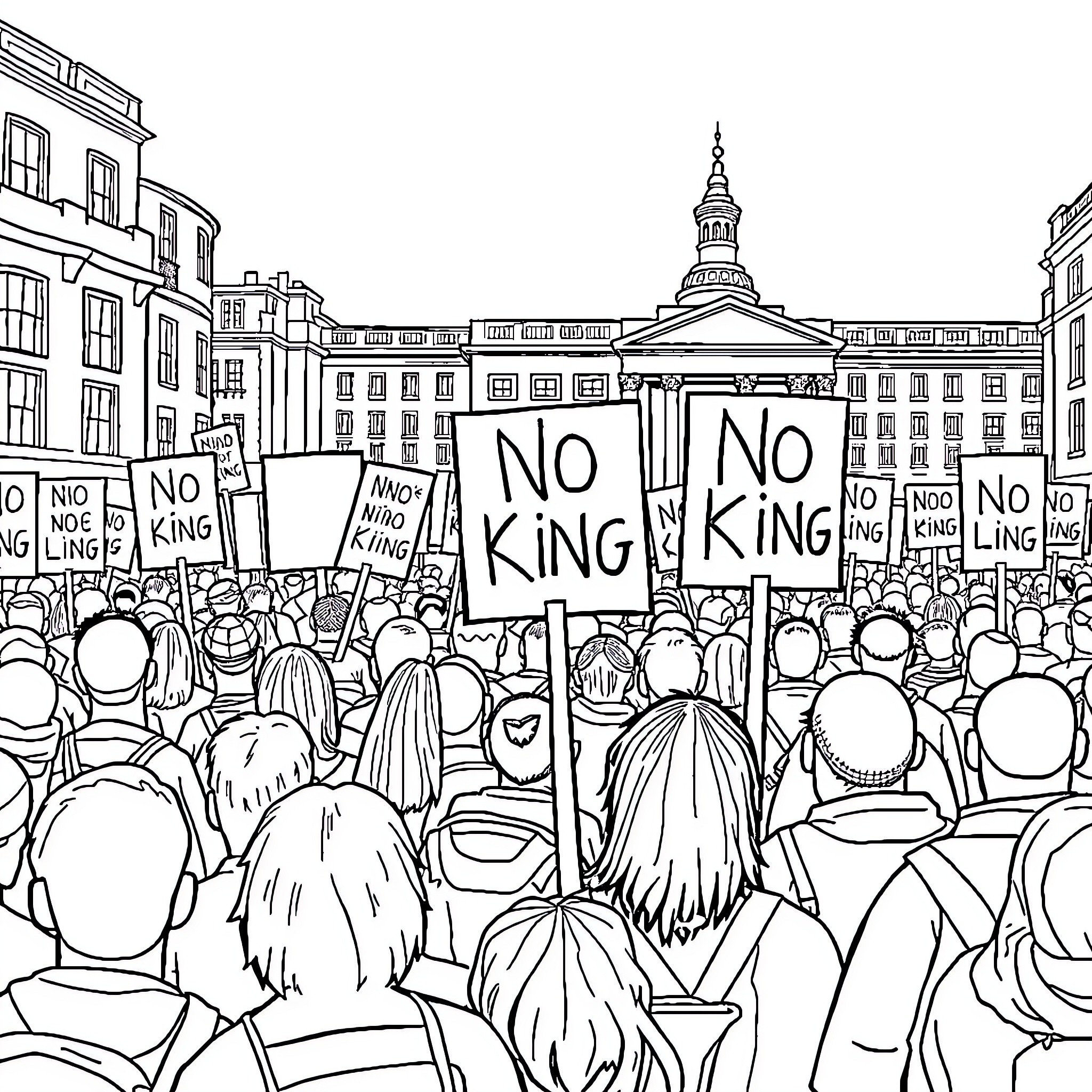 Protestors Rallying with 'No King' Signs in City Coloring Page (free black-and-white line drawing printable PDF for all, from beginners to advanced learners, including children, teens, adults, and seniors)