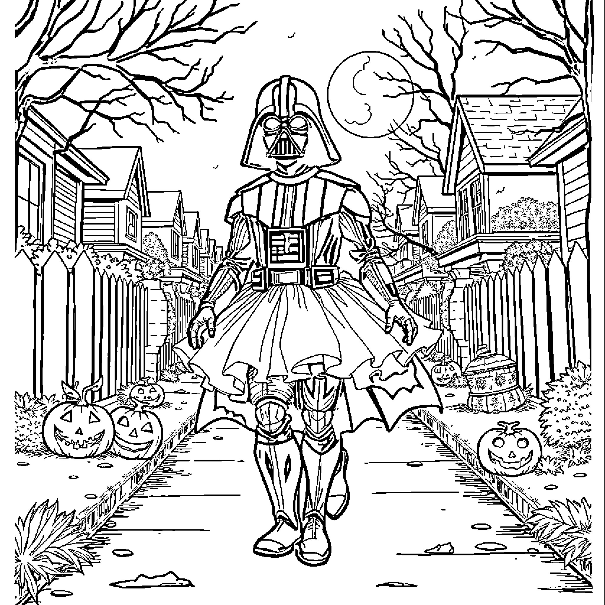 Darth Vader walking through a spooky Halloween neighborhood Coloring Page (free black-and-white line drawing printable PDF for all, from beginners to advanced learners, including children, teens, adults, and seniors)