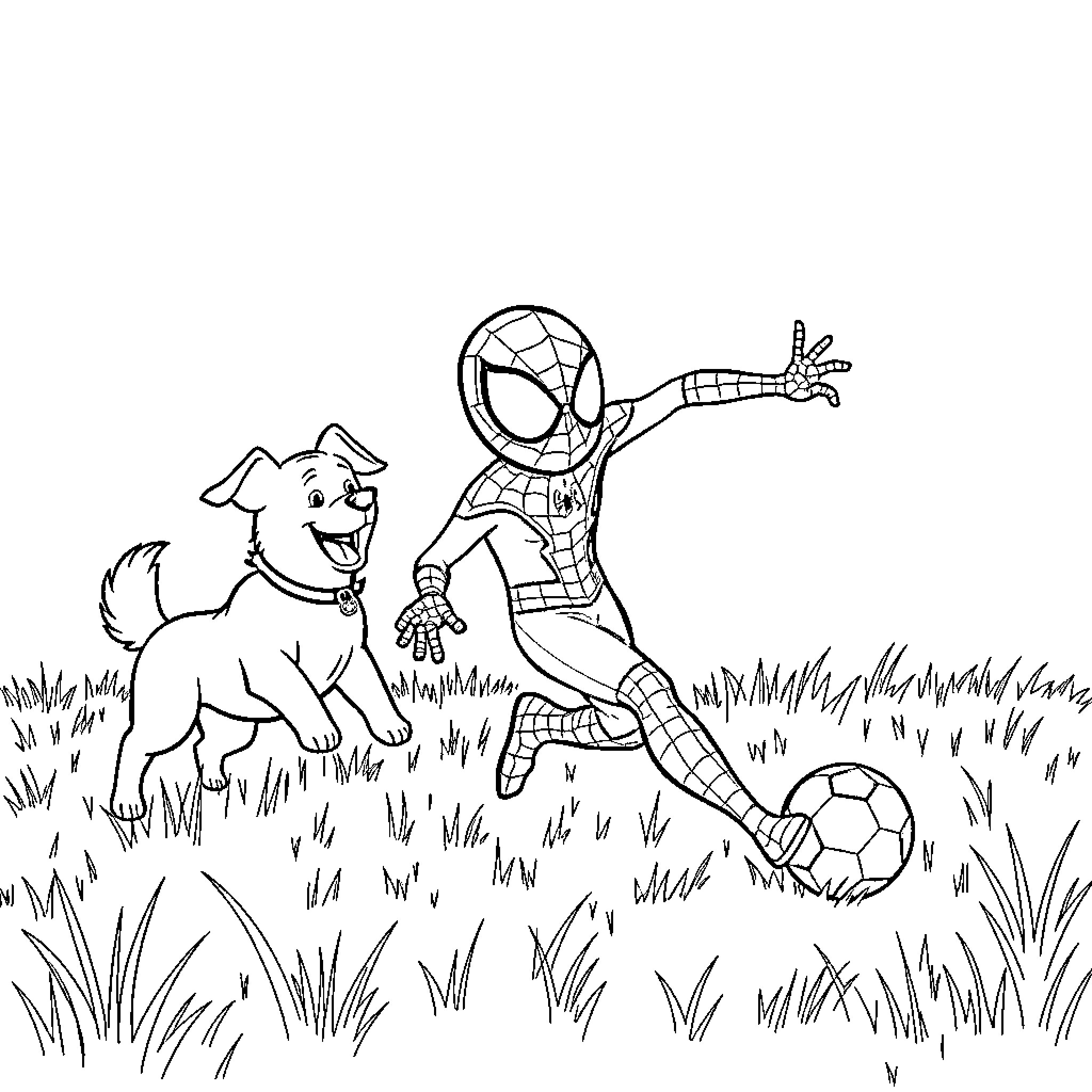 Spidey playing soccer with a happy puppy Coloring Page (free black-and-white line drawing printable PDF for all, from beginners to advanced learners, including children, teens, adults, and seniors)