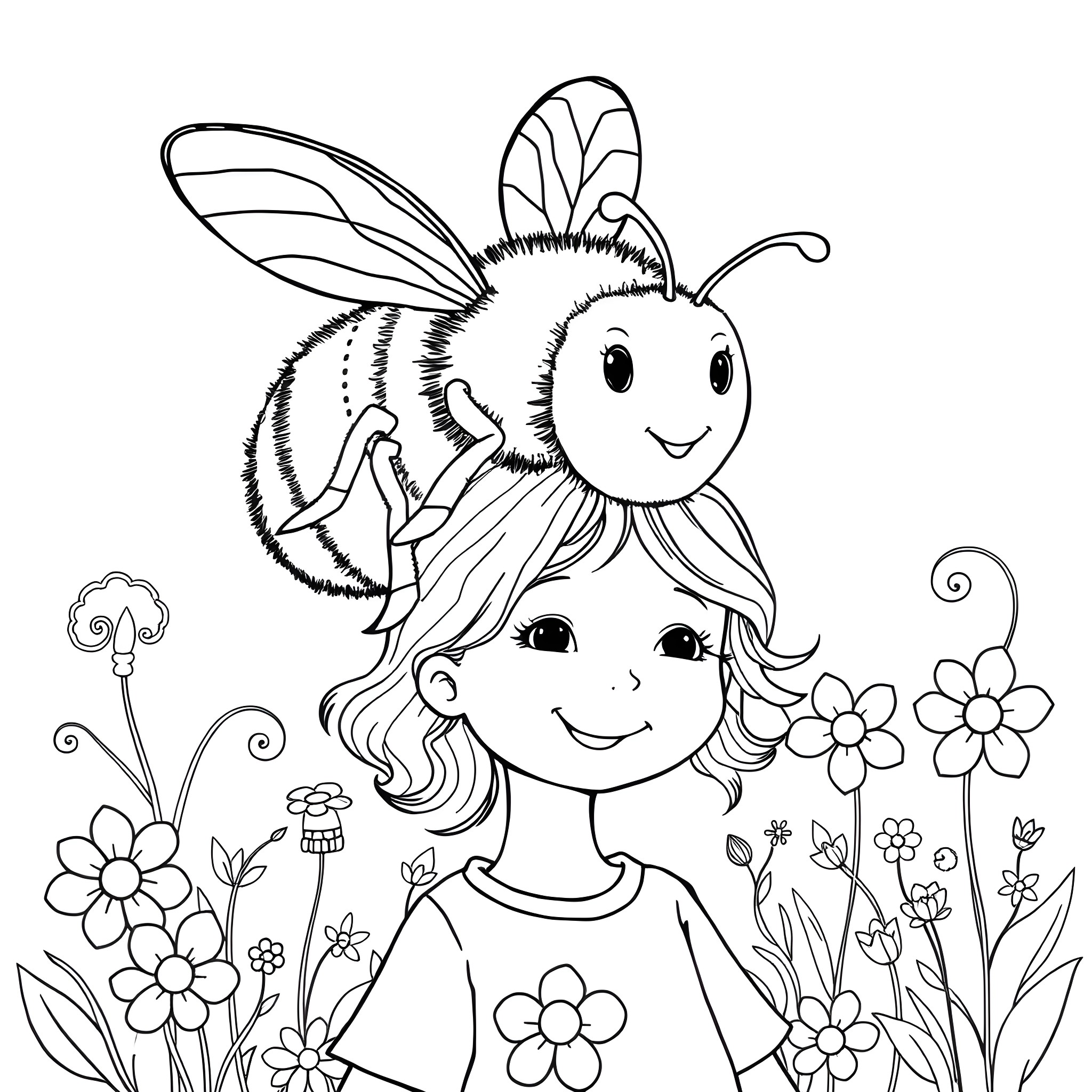 Bee helping a smiling child in a flowery garden Coloring Page (free black-and-white line drawing printable PDF for all, from beginners to advanced learners, including children, teens, adults, and seniors)
