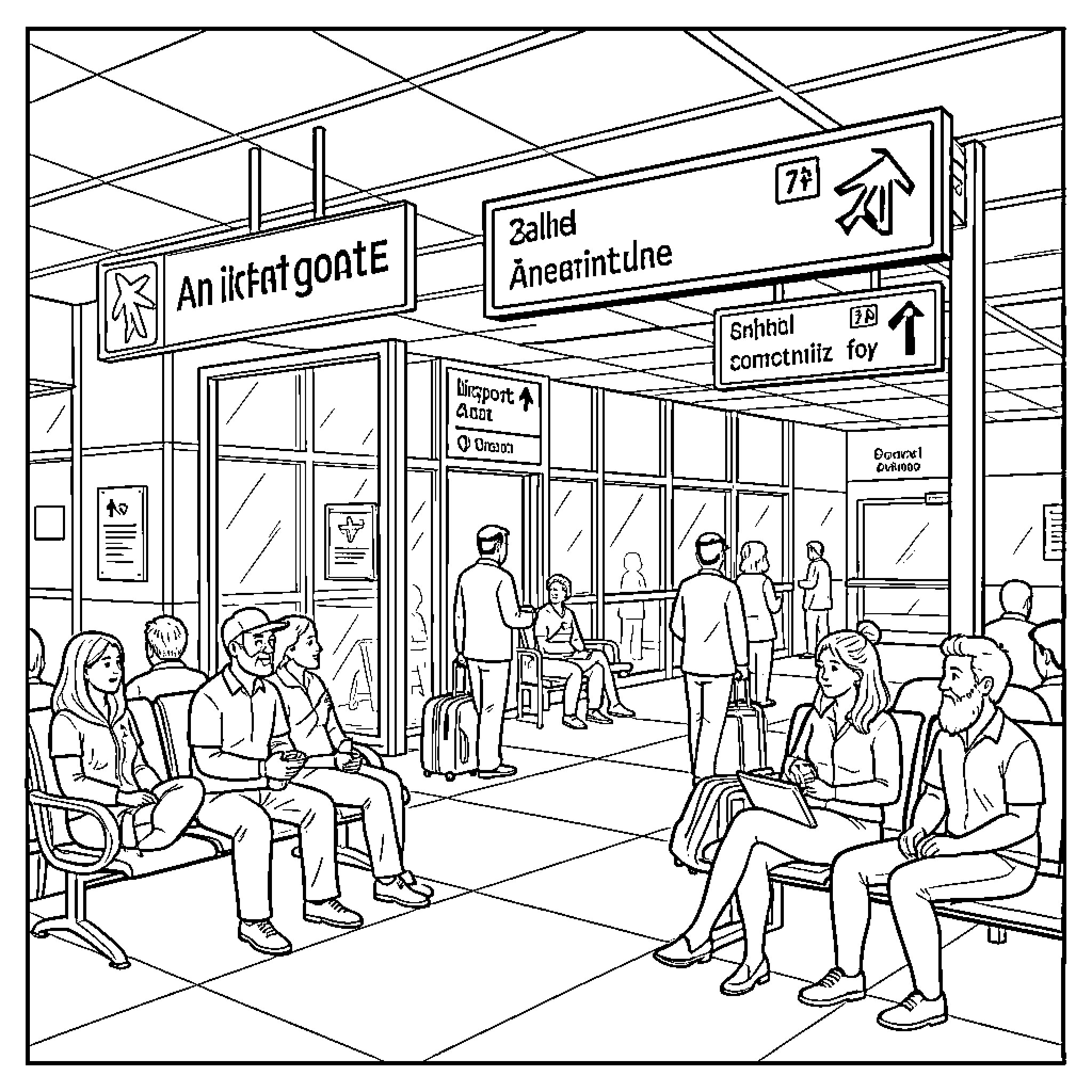 Airport passengers waiting and walking in the terminal Coloring Page (free black-and-white line drawing printable PDF for all, from beginners to advanced learners, including children, teens, adults, and seniors)