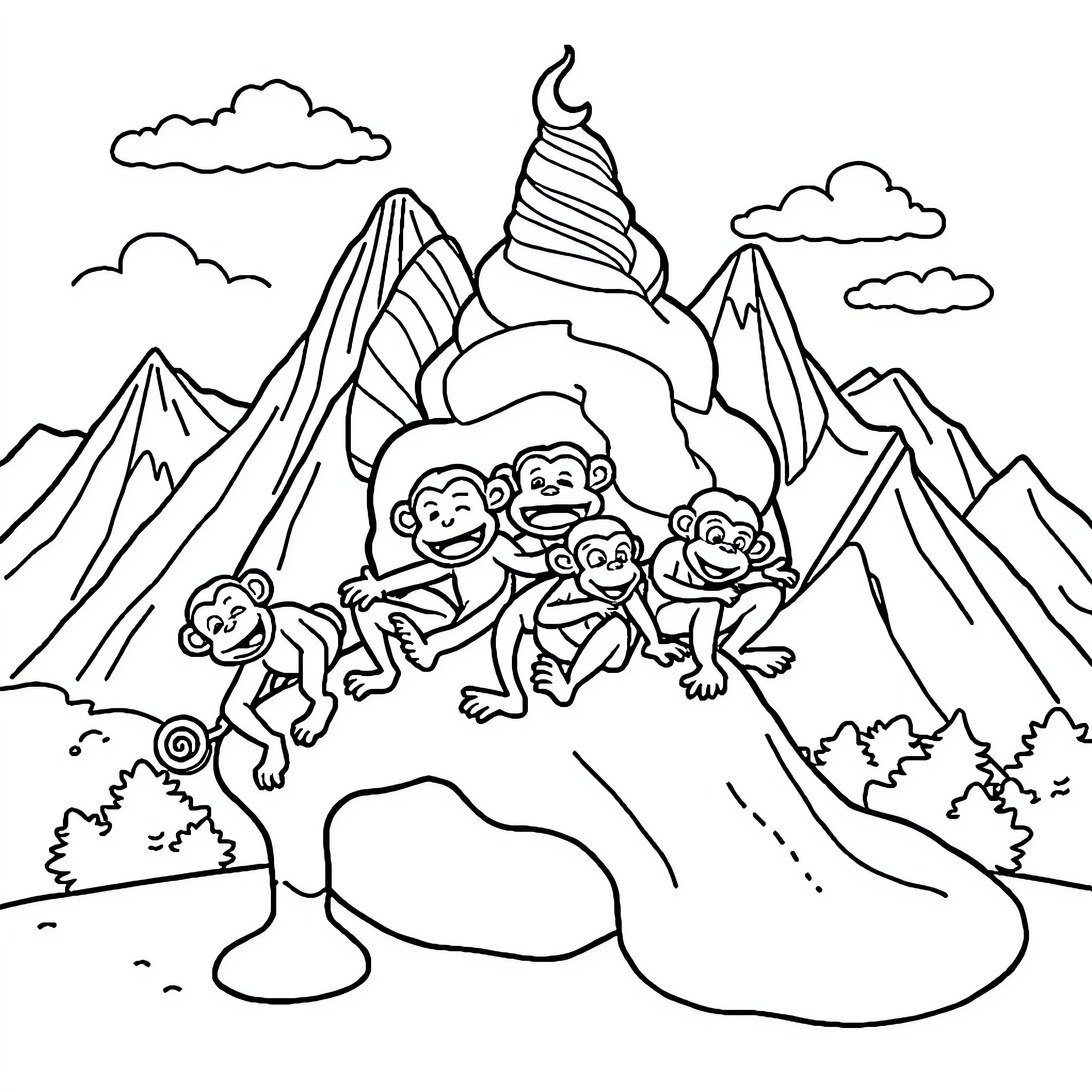 Monkey group exploring scenic mountain landscape Coloring Page (free black-and-white line drawing printable PDF for all, from beginners to advanced learners, including children, teens, adults, and seniors)