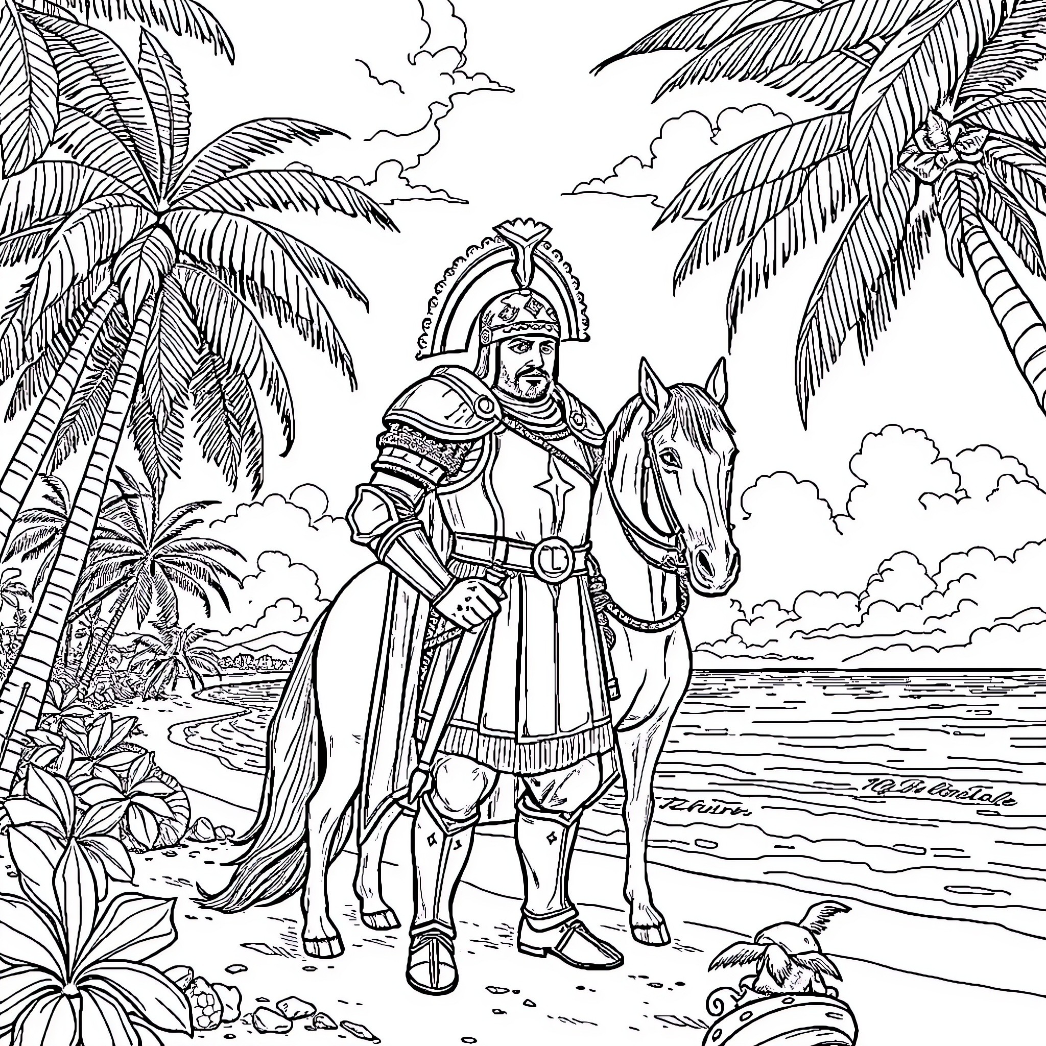 Conquistador Surveying Exotic Tropical Landscape Coloring Page (free black-and-white line drawing printable PDF for all, from beginners to advanced learners, including children, teens, adults, and seniors)