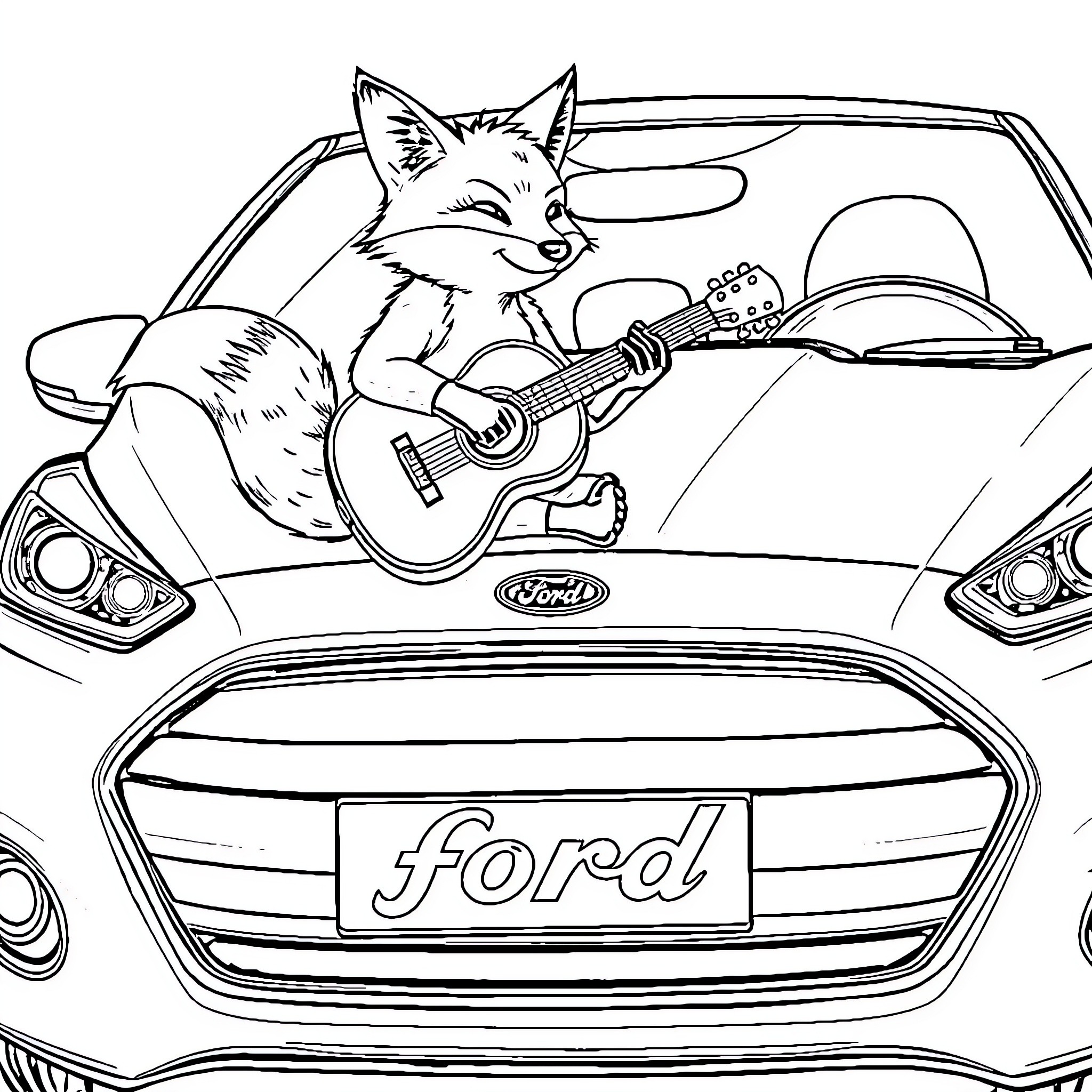 Fox playing guitar in a Ford car Coloring Page (free black-and-white line drawing printable PDF for all, from beginners to advanced learners, including children, teens, adults, and seniors)