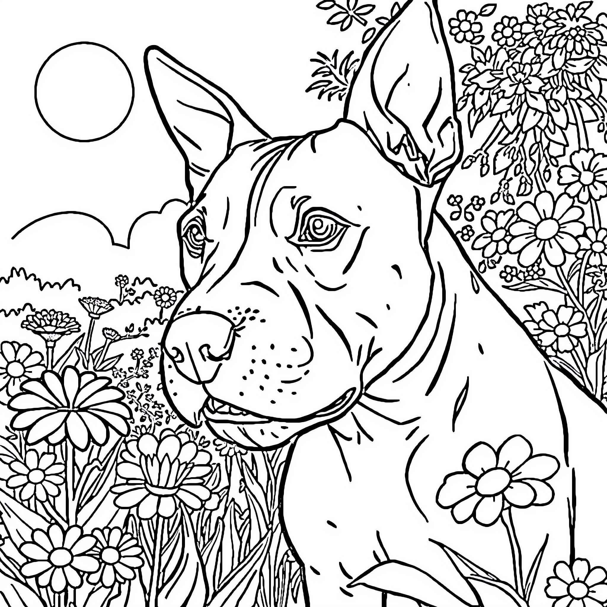 Pitbull surrounded by vibrant floral garden Coloring Page (free black-and-white line drawing printable PDF for all, from beginners to advanced learners, including children, teens, adults, and seniors)