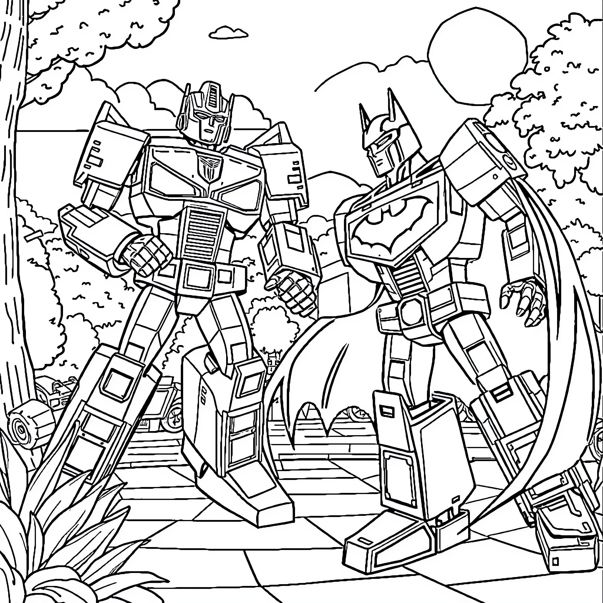 Transformer robots in epic battle among nature Coloring Page (free black-and-white line drawing printable PDF for all, from beginners to advanced learners, including children, teens, adults, and seniors)