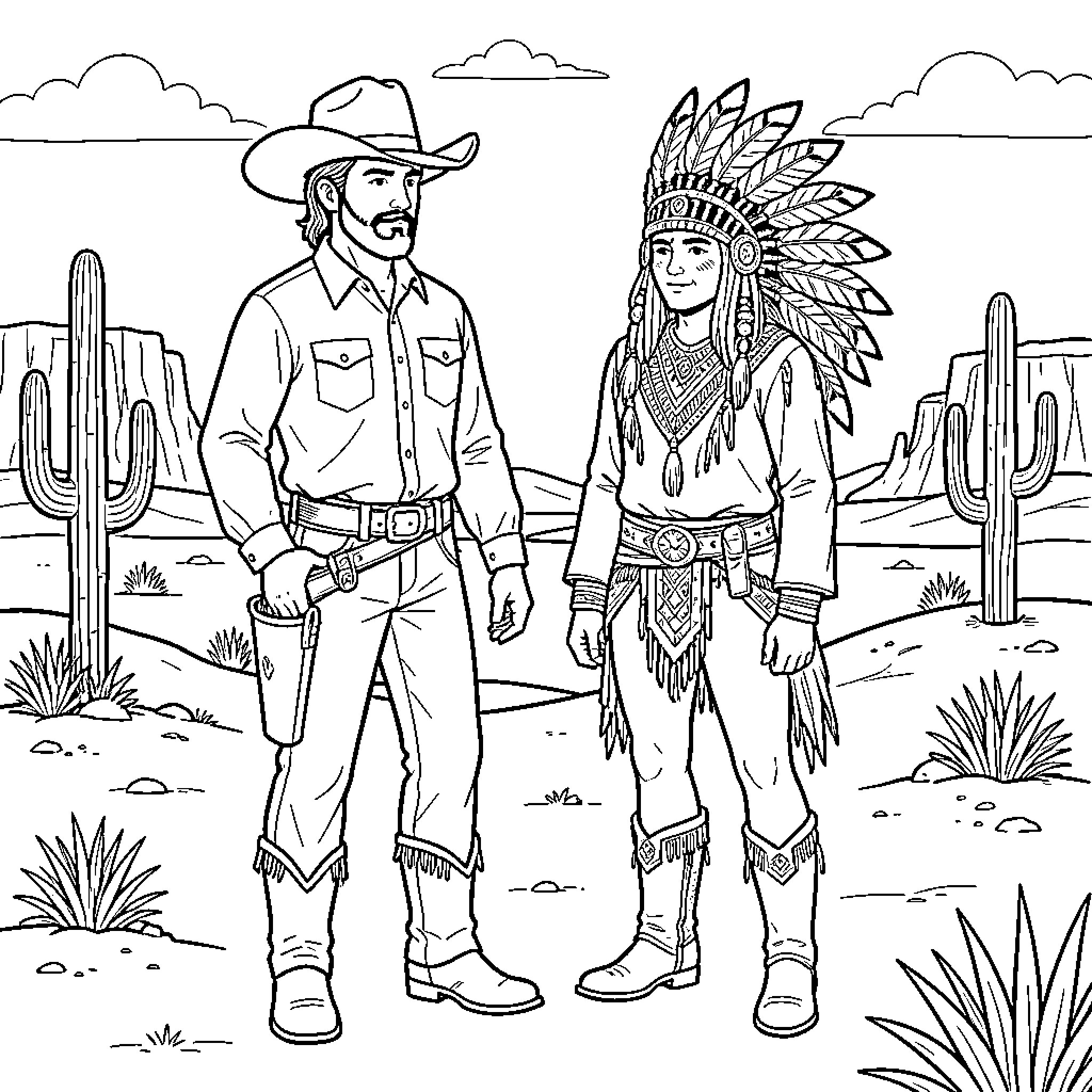 Cowboy and Native American woman in desert landscape Coloring Page (free black-and-white line drawing printable PDF for all, from beginners to advanced learners, including children, teens, adults, and seniors)