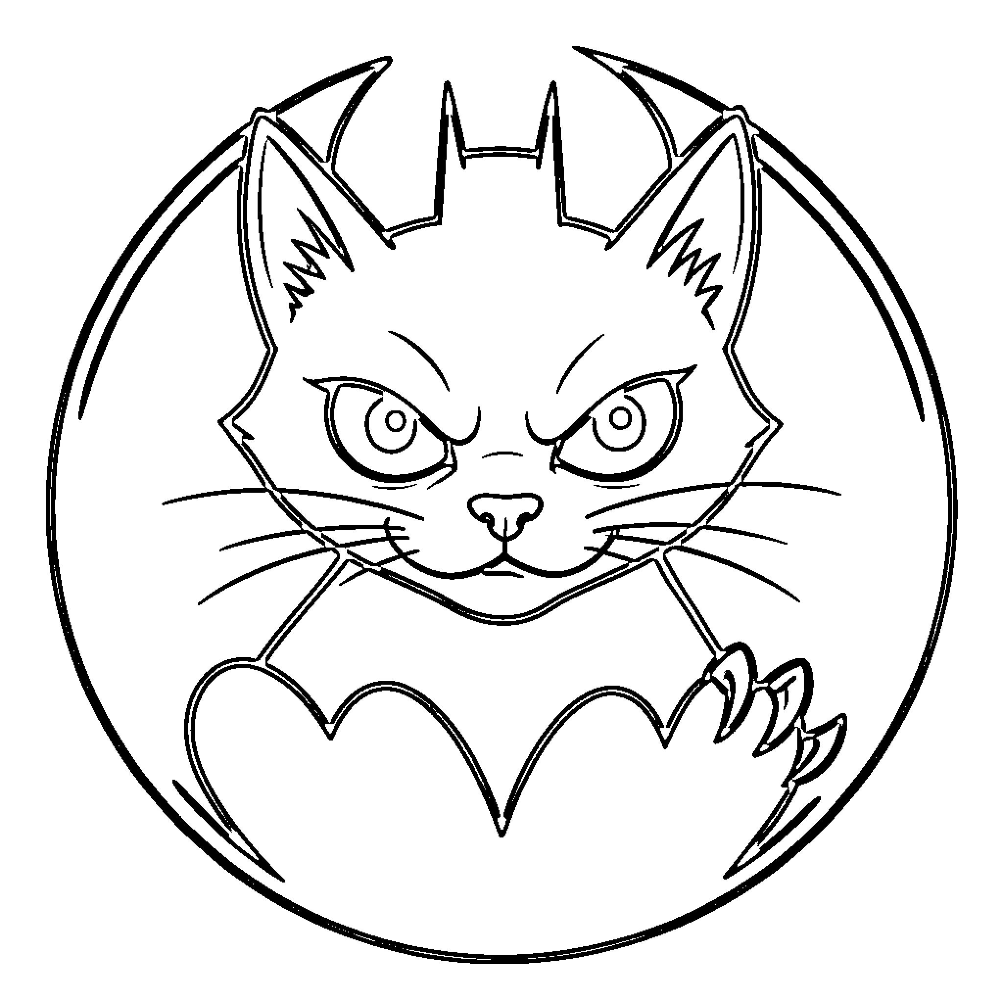 Cat with bat-like features in a circle Coloring Page (free black-and-white line drawing printable PDF for all, from beginners to advanced learners, including children, teens, adults, and seniors)