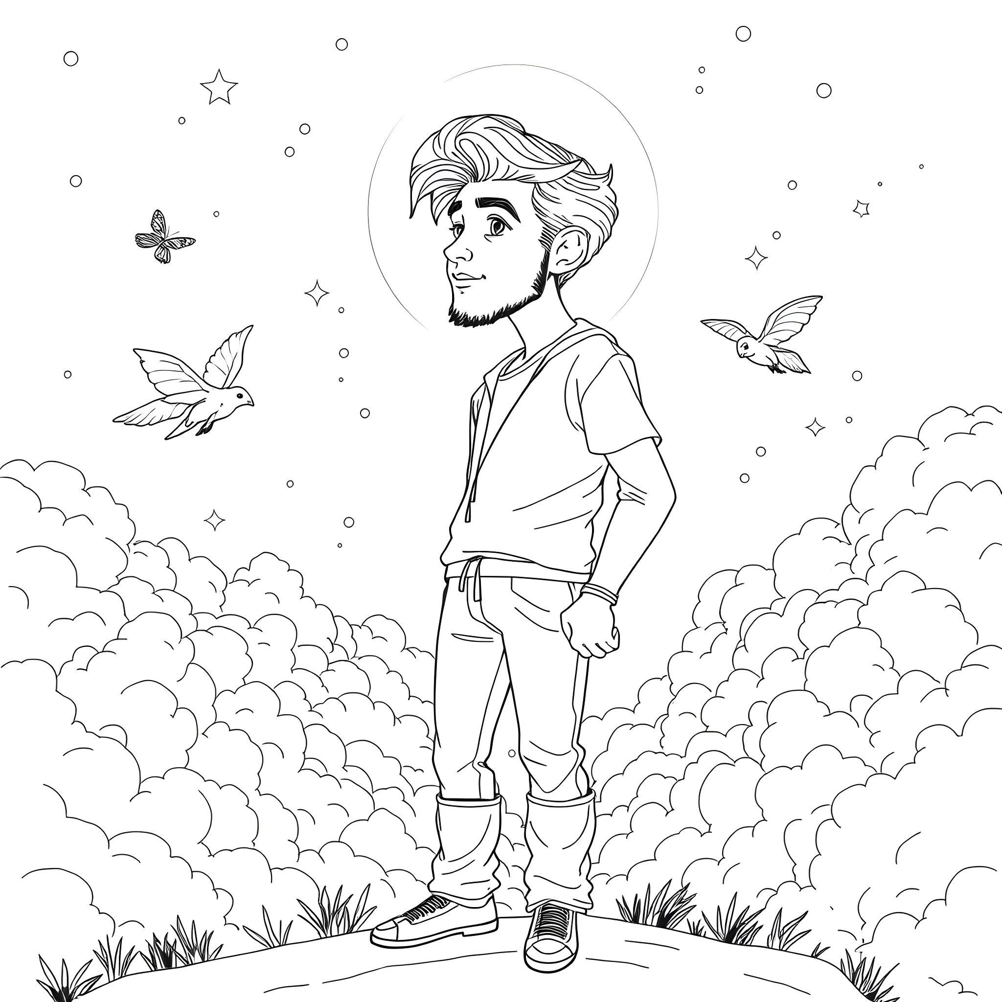 William Afton in a whimsical outdoor scene Coloring Page (free black-and-white line drawing printable PDF for all, from beginners to advanced learners, including children, teens, adults, and seniors)