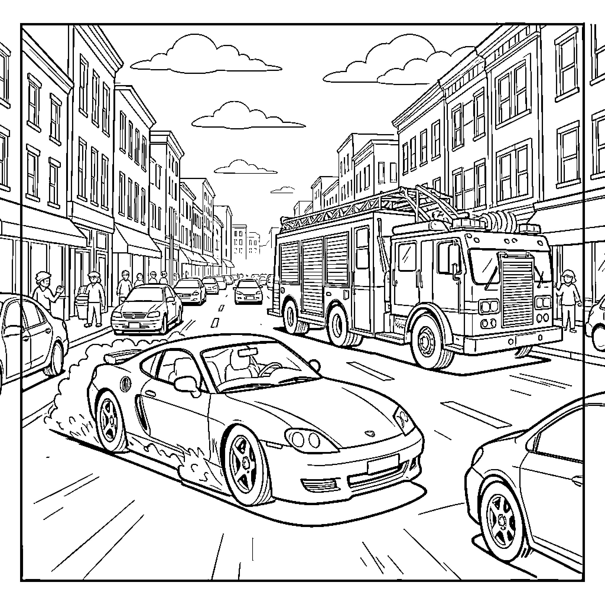 Car driving through busy city streets near a fire engine Coloring Page (free black-and-white line drawing printable PDF for all, from beginners to advanced learners, including children, teens, adults, and seniors)