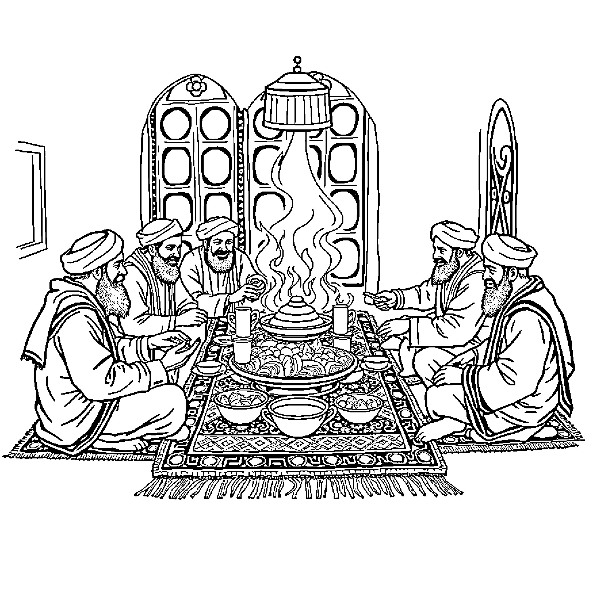 Taliban Gathering: Traditional Feast and Hospitality Coloring Page (free black-and-white line drawing printable PDF for all, from beginners to advanced learners, including children, teens, adults, and seniors)