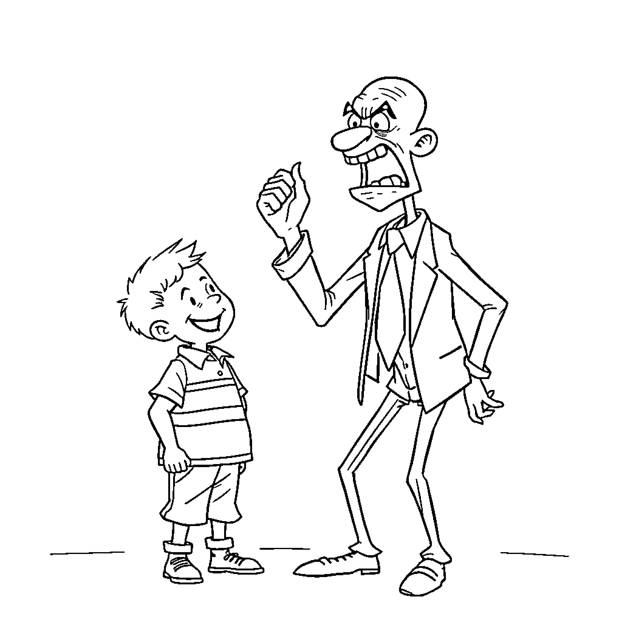 Band Teacher Scolding Young Student Coloring Page (free black-and-white line drawing printable PDF for all, from beginners to advanced learners, including children, teens, adults, and seniors)