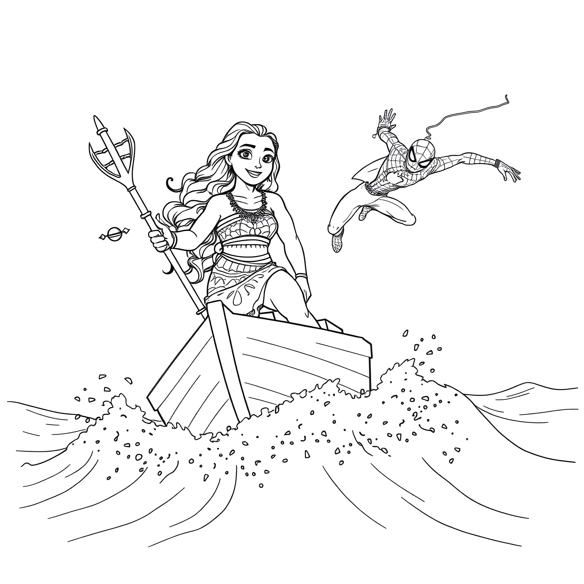 Moana and Maui on an adventurous journey Coloring Page (free black-and-white line drawing printable PDF for all, from beginners to advanced learners, including children, teens, adults, and seniors)