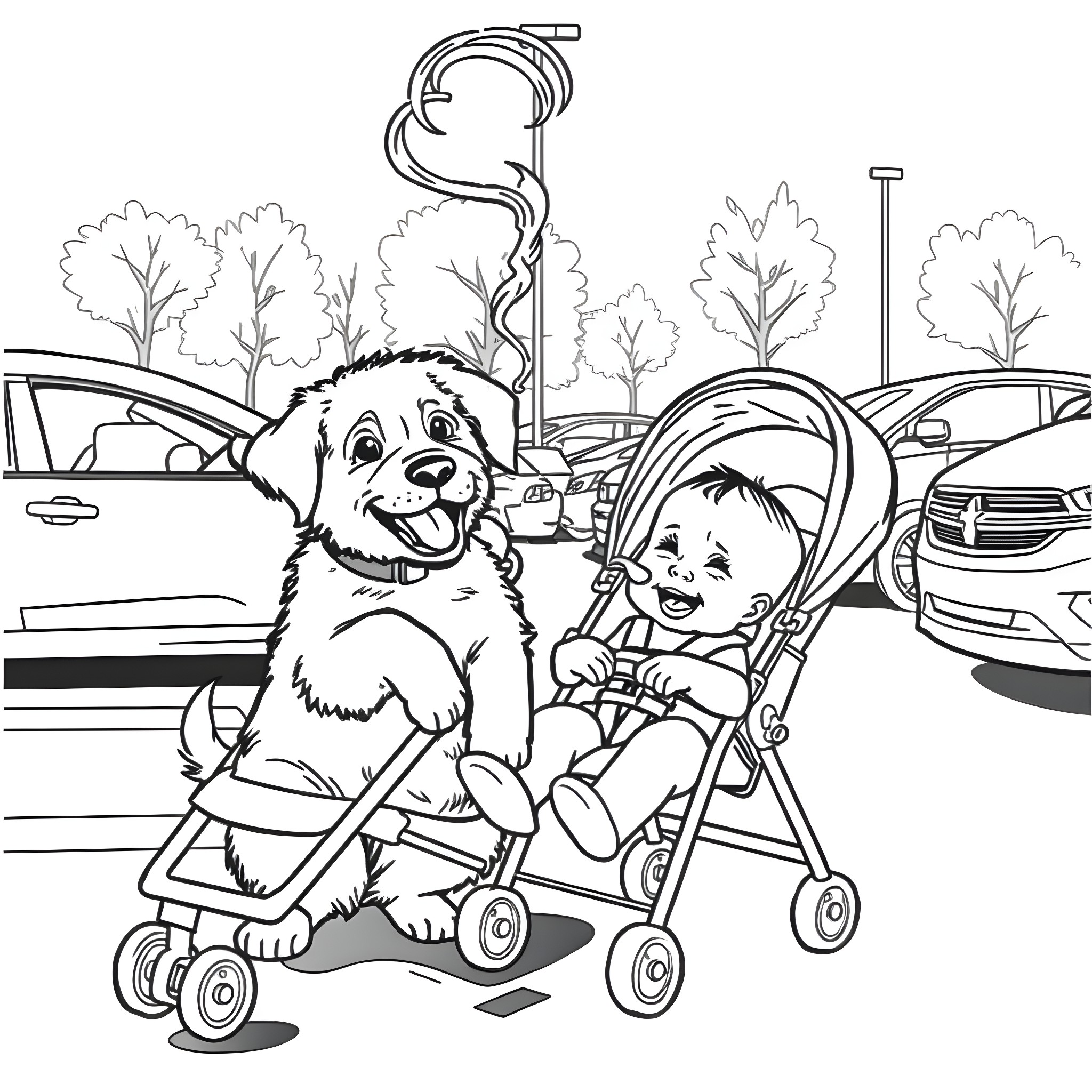 Dog and child with stroller in outdoor park Coloring Page (free black-and-white line drawing printable PDF for all, from beginners to advanced learners, including children, teens, adults, and seniors)