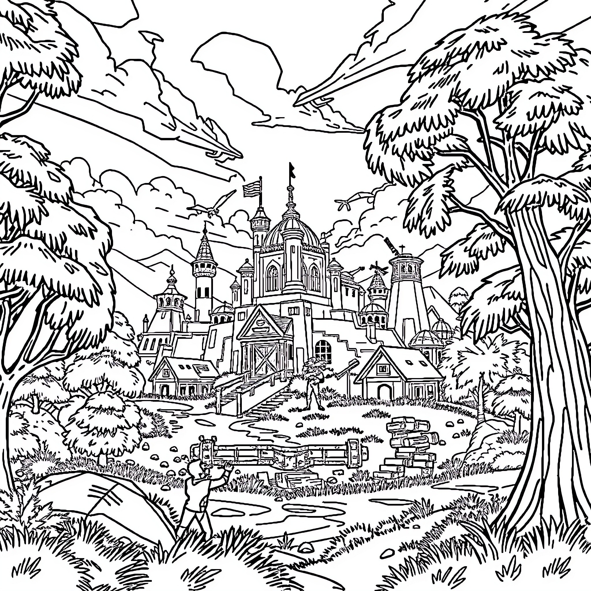 Fortnite fantasy landscape with castles and nature Coloring Page (free black-and-white line drawing printable PDF for all, from beginners to advanced learners, including children, teens, adults, and seniors)