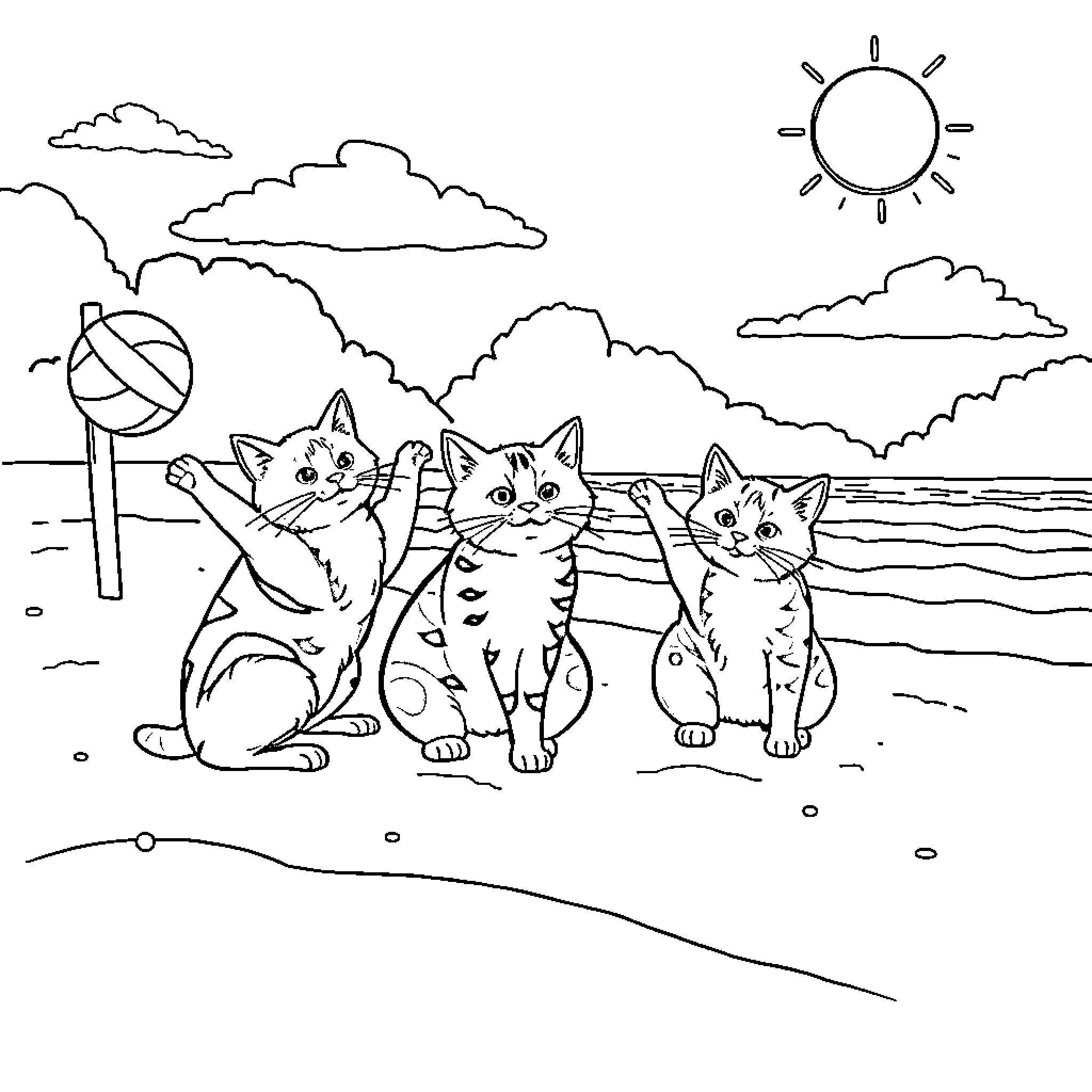 Cat Trio Enjoying Beach Day Coloring Page (free black-and-white line drawing printable PDF for all, from beginners to advanced learners, including children, teens, adults, and seniors)