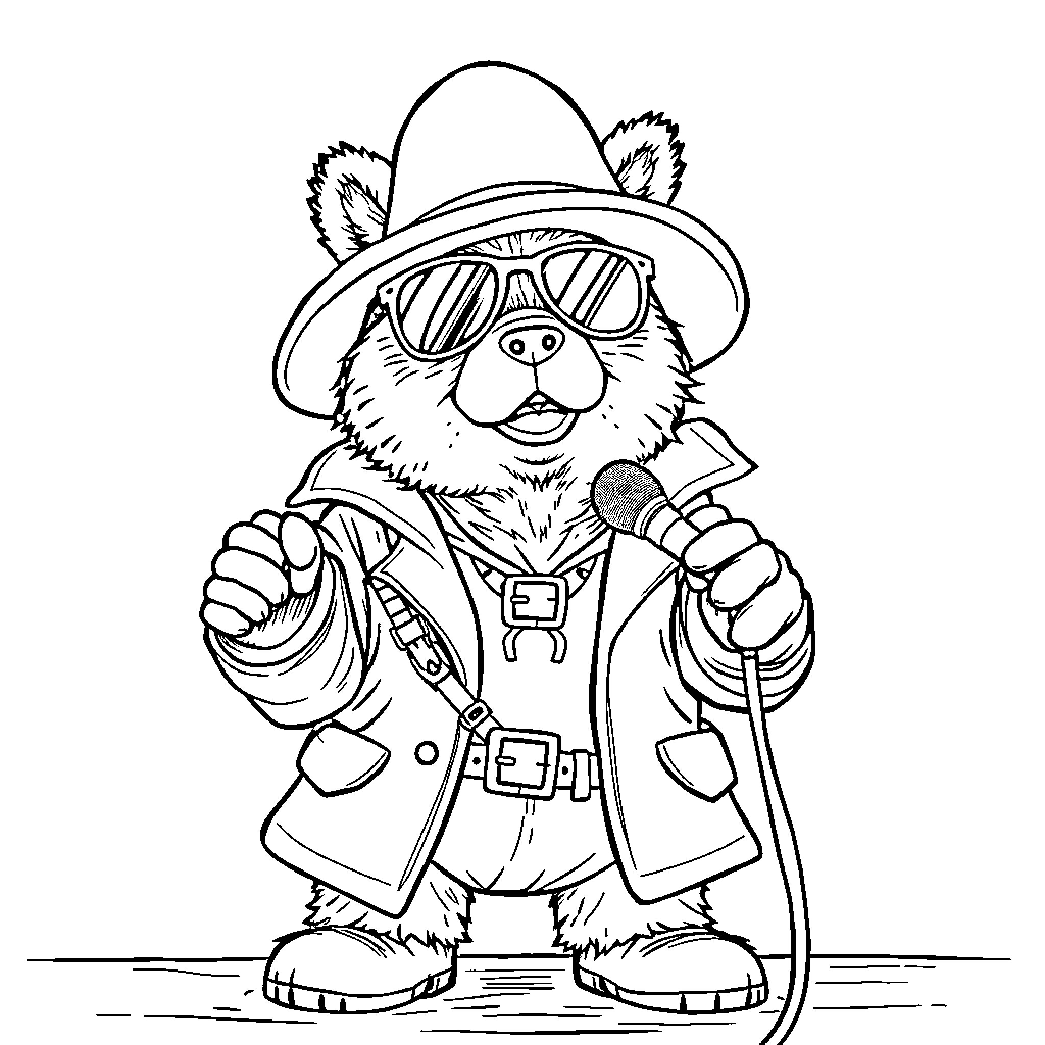 Paddington Bear dressed in stylish outfit with microphone Coloring Page (free black-and-white line drawing printable PDF for all, from beginners to advanced learners, including children, teens, adults, and seniors)