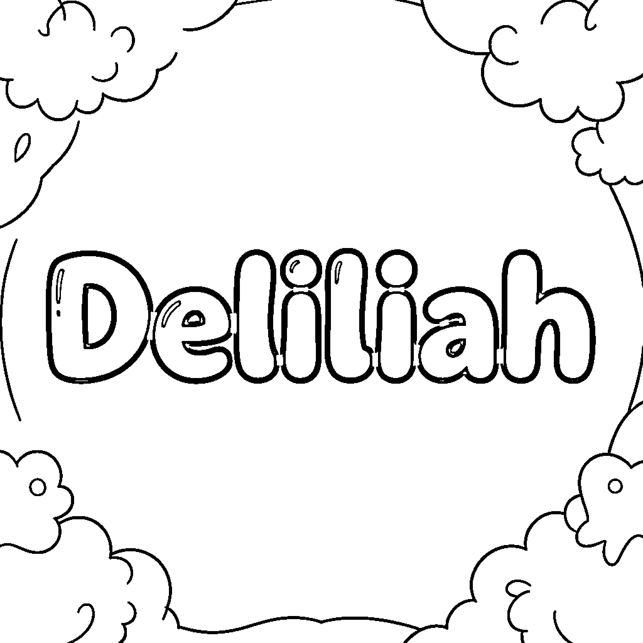 Deliliah amidst whimsical clouds Coloring Page (free black-and-white line drawing printable PDF for all, from beginners to advanced learners, including children, teens, adults, and seniors)