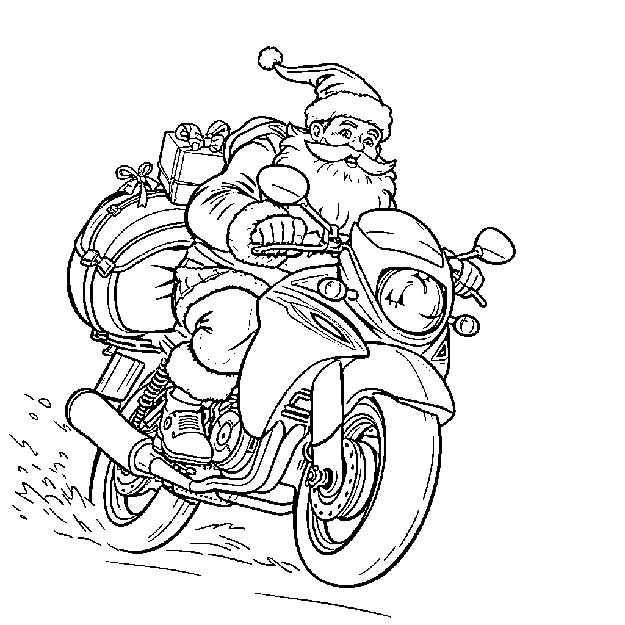 Santa riding a motorcycle with gifts Coloring Page (free black-and-white line drawing printable PDF for all, from beginners to advanced learners, including children, teens, adults, and seniors)