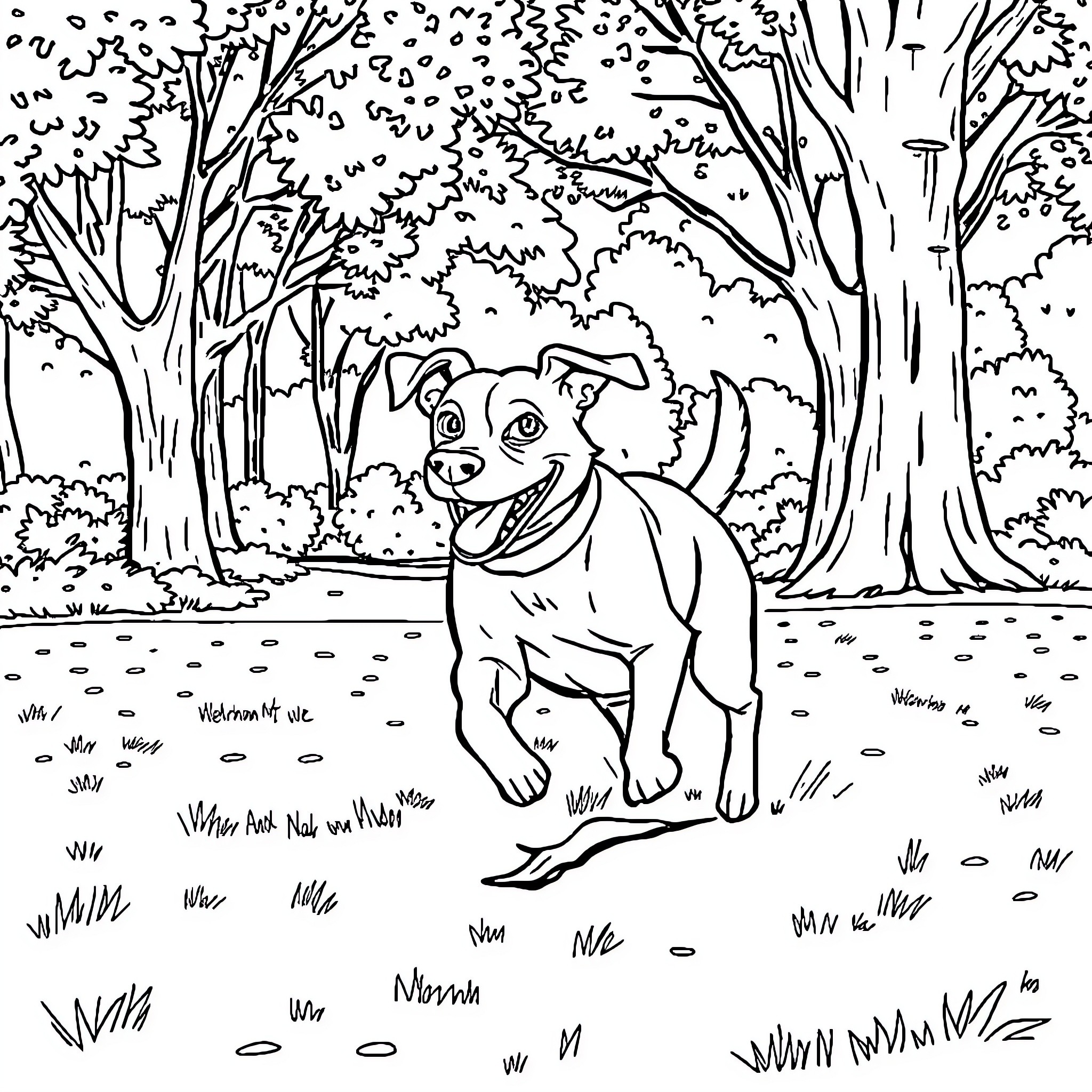 Dog exploring the enchanting forest Coloring Page (free black-and-white line drawing printable PDF for all, from beginners to advanced learners, including children, teens, adults, and seniors)